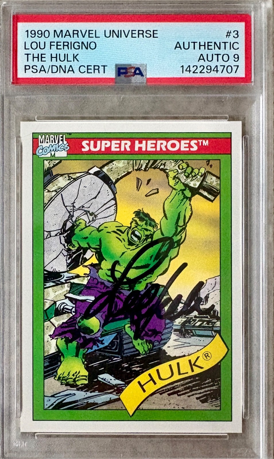 1990 Marvel Universe series 1 Hulk AUTOGRAPHED by Lou Ferigno PSA 9 *POP 1* 1990 Marvel Universe series 1 Hulk AUTOGRAPHED by Lou Ferigno PSA 9 *POP 1*