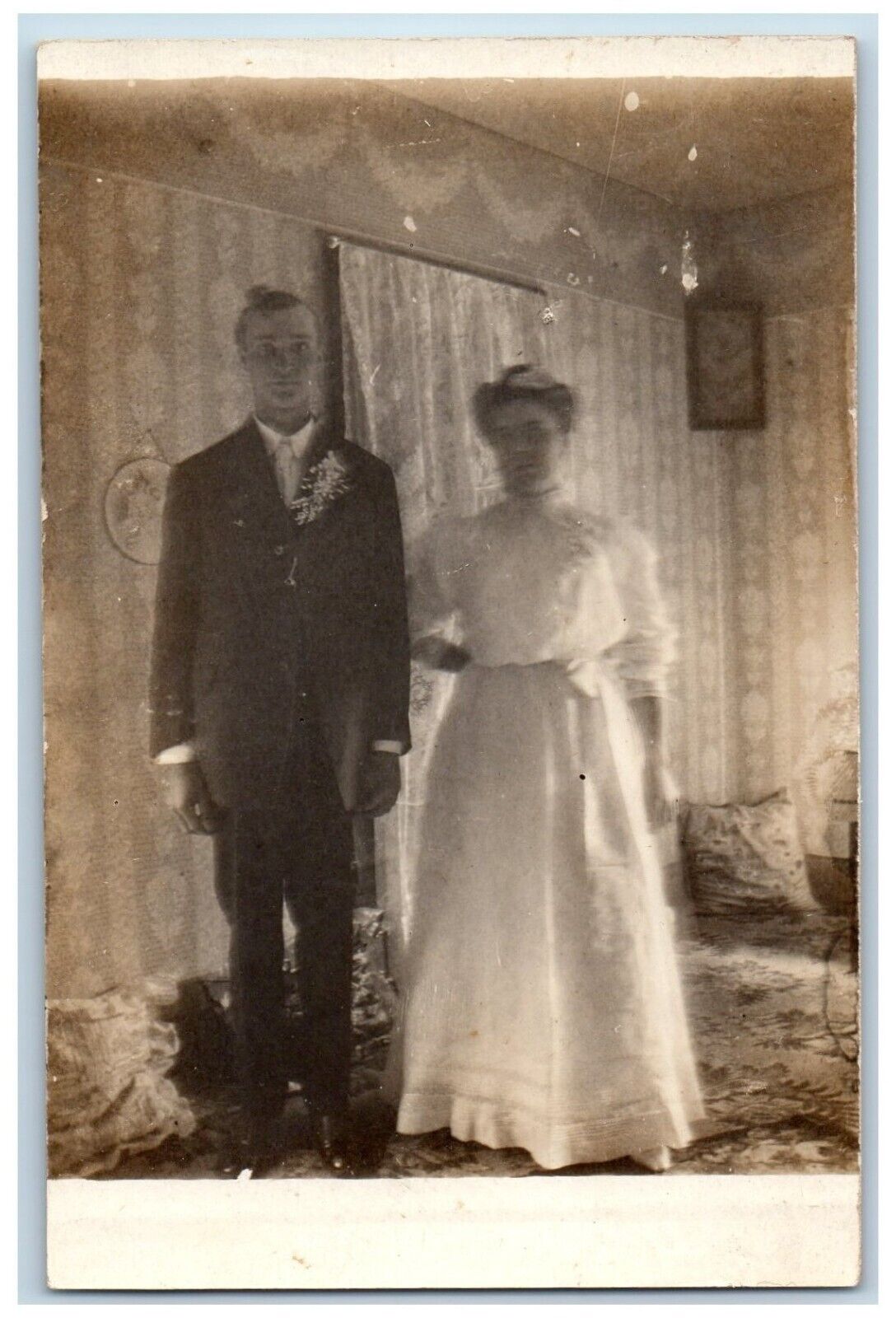 Wedding Postcard RPPC Photo Victorian House Wallpaper Interior c1910\'s Antique
