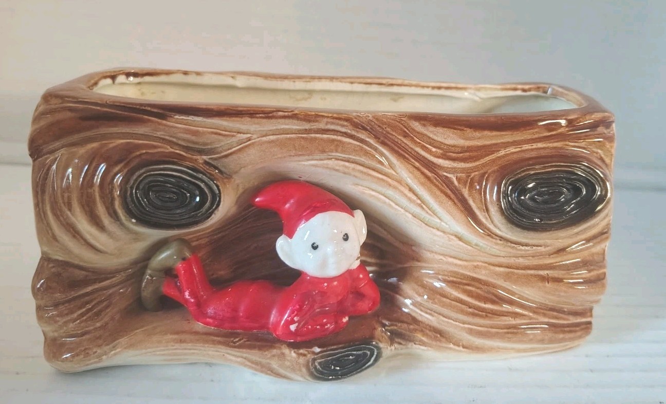 Vintage Mid Century Modern Ceramic Pixie Elf Log Planter Unmarked MCM Kitsch Vintage Mid Century Modern Ceramic Pixie Elf Log Planter Unmarked MCM Kitsch