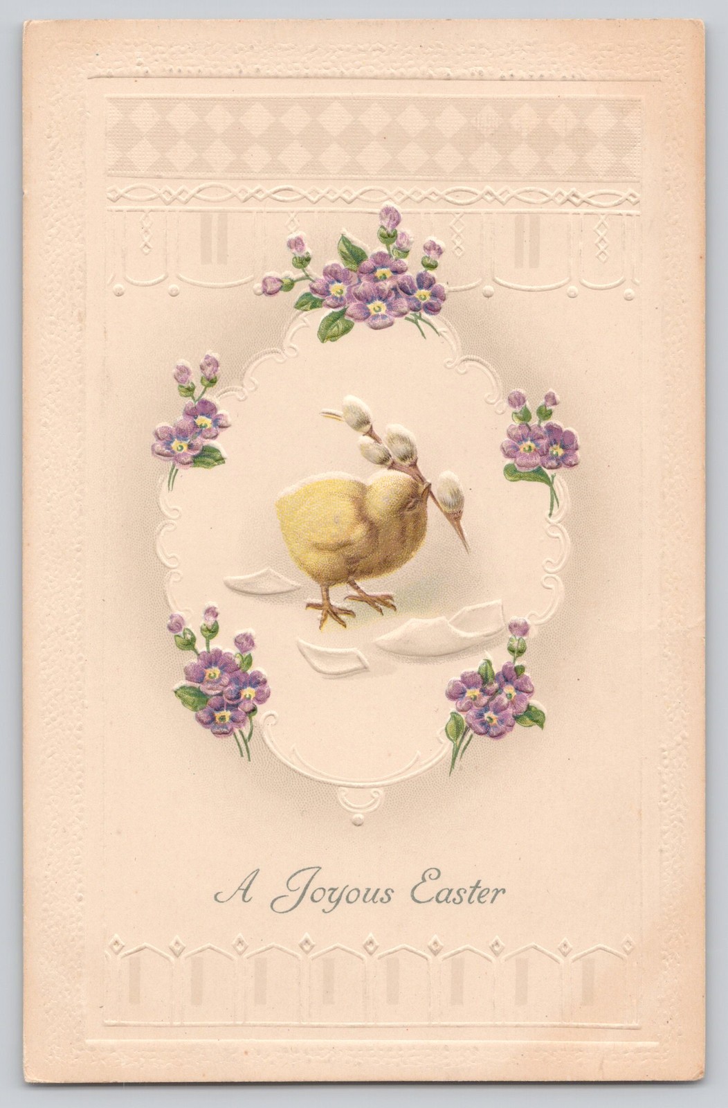 Antique 1913 Easter Postcard Chick Hatching Egg Pussy Willow Embossed Antique 1913 Easter Postcard Chick Hatching Egg Pussy Willow Embossed
