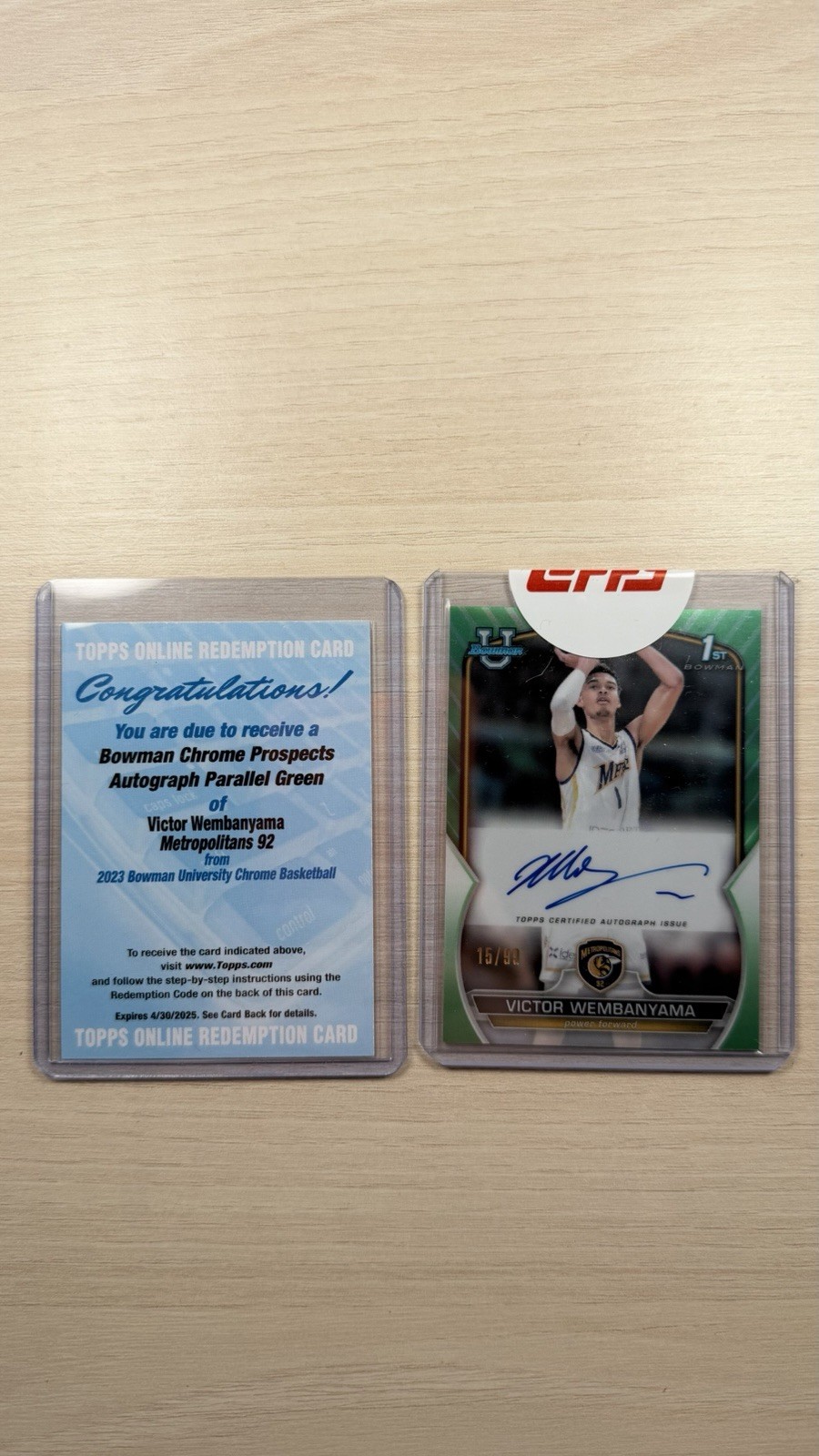 Topps 2023 Bowman Univ Chrome Victor Wembanyama Green Refractor Auto 15/99 #101 Topps 2023 Bowman Univ Chrome Victor Wembanyama Green Refractor Auto 15/99 #101