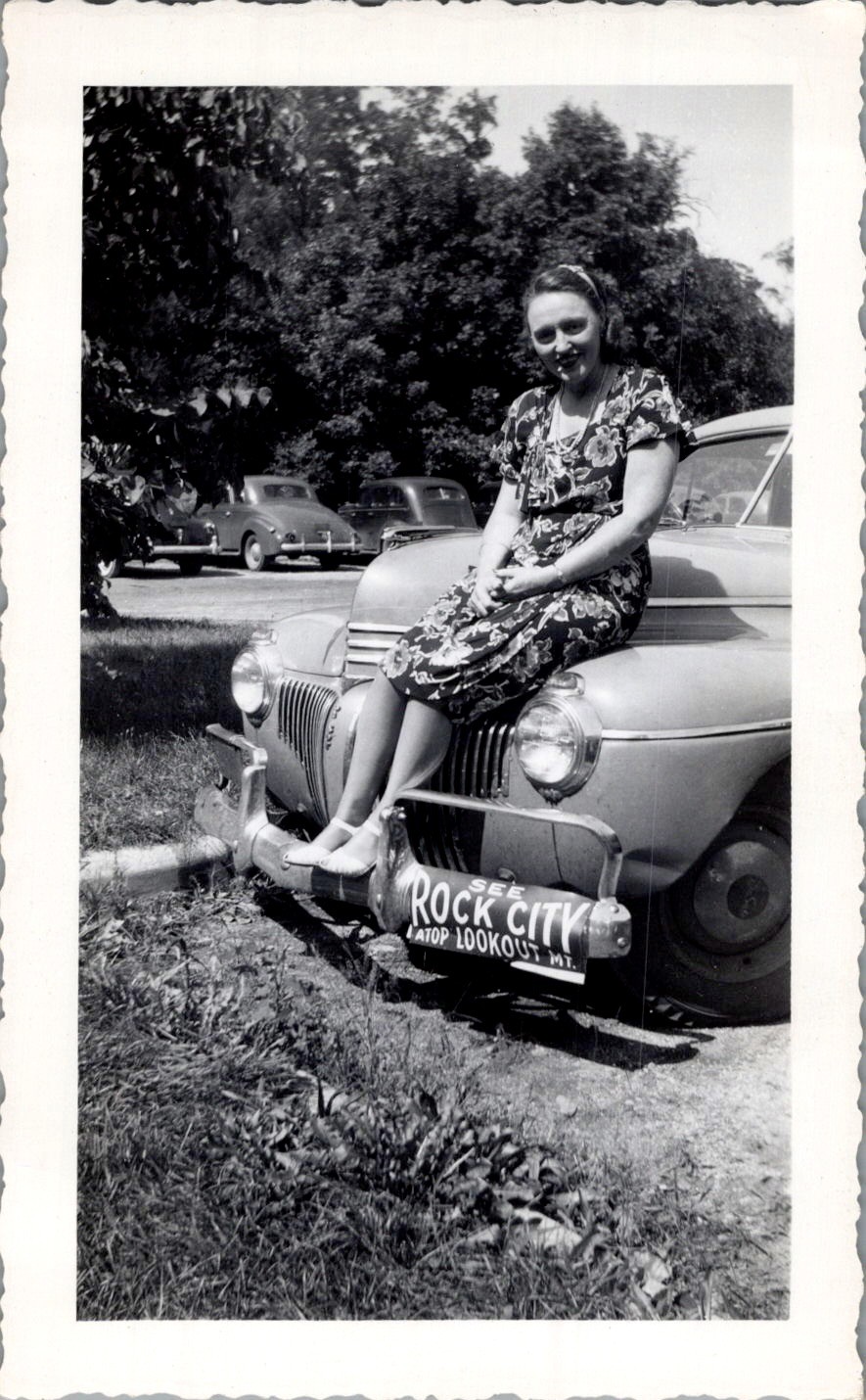 1940s Photograph Woman on De Soto Bumper at Rock City Lookout Mtn Tennessee 1940s Photograph Woman on De Soto Bumper at Rock City Lookout Mtn Tennessee