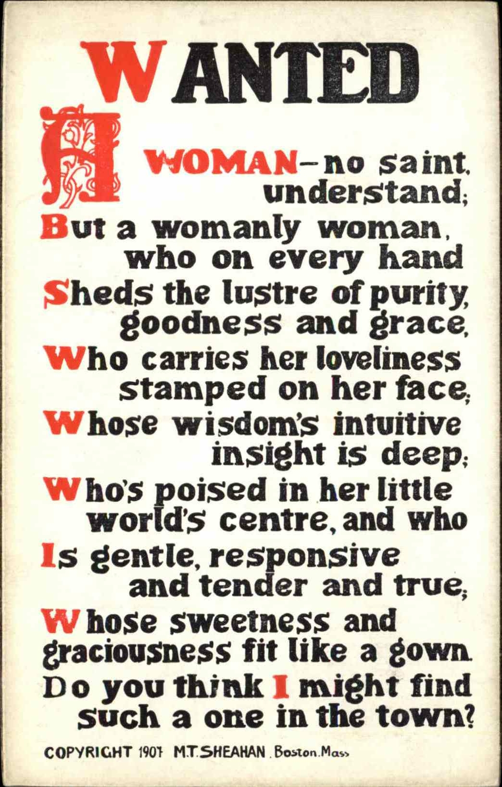 MT SHEAHAN Wanted - A Woman Poem Verse MISOGYNY c1910 Postcard MT SHEAHAN Wanted - A Woman Poem Verse MISOGYNY c1910 Postcard