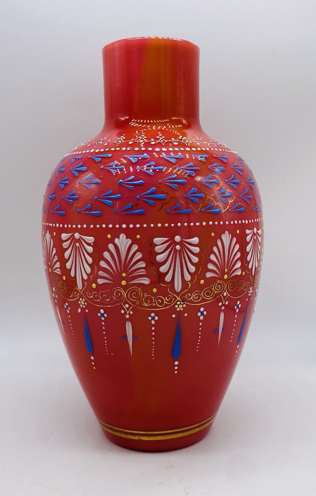 ca.1880’s Bohemian HARRACH Pink Cased Glass Vase Morrocan Style Enamel ca.1880’s Bohemian HARRACH Pink Cased Glass Vase Morrocan Style Enamel