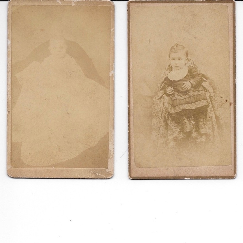 2 Antique CDV Photos Baby Children Christening Dress Shoes 1860s Haunting Faded 2 Antique CDV Photos Baby Children Christening Dress Shoes 1860s Haunting Faded
