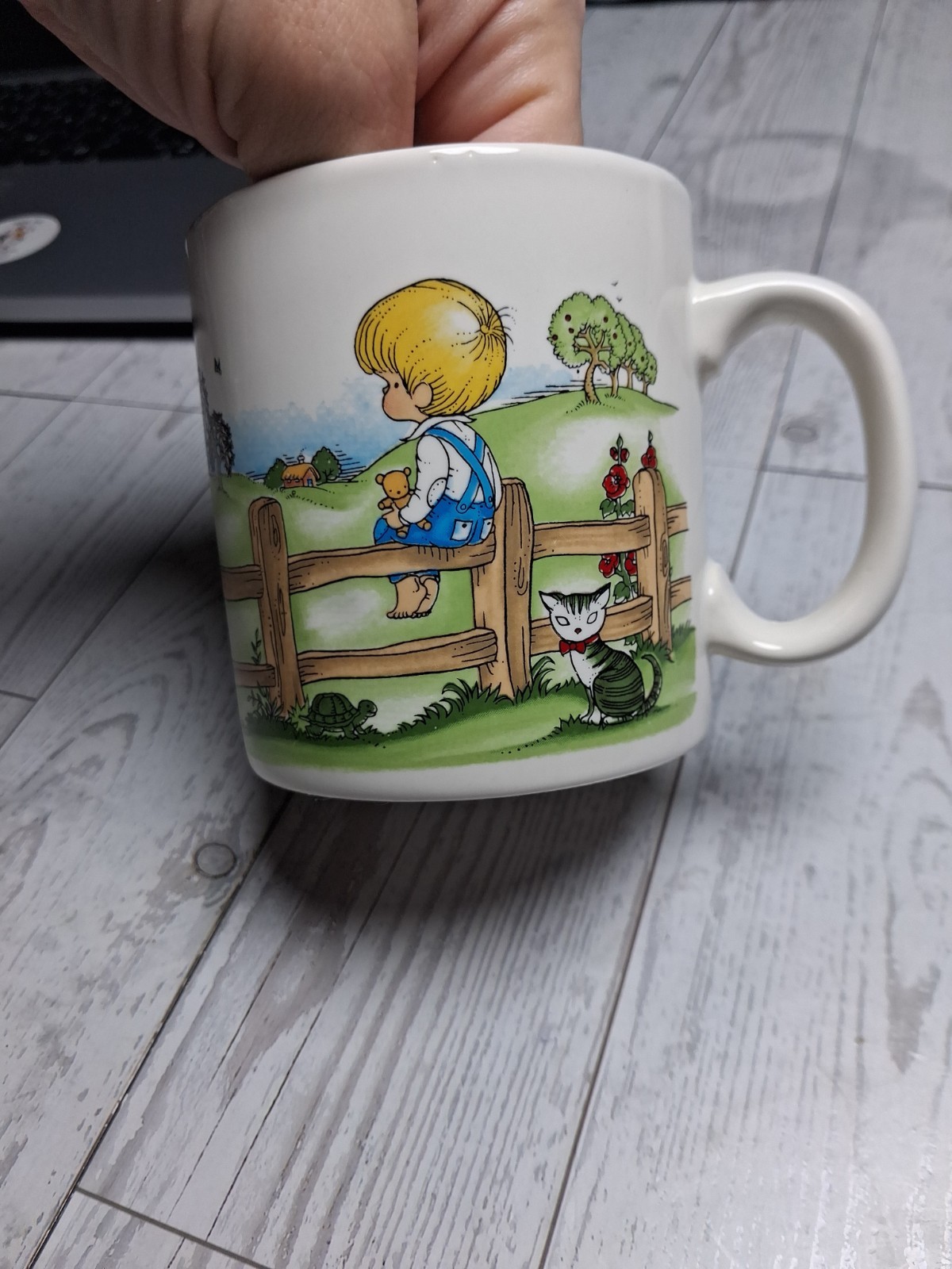 VINTAGE 1969 JOAN WALSH ANGLUND BOY ON FARM LAKE FENCE MUG