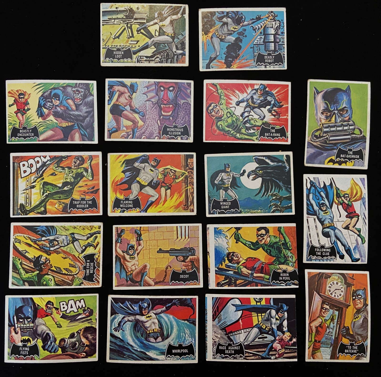 1966 Topps Batman Black Bat Vintage Card Lot of 17 Mid Grade VG Orange Backs 1966 Topps Batman Black Bat Vintage Card Lot of 17 Mid Grade VG Orange Backs