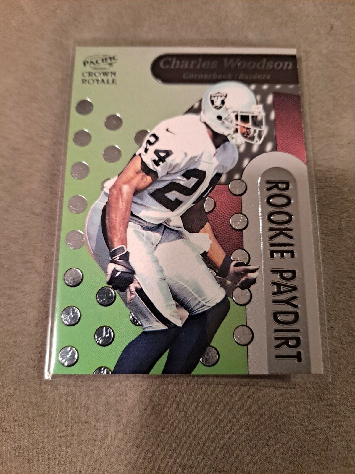 1998 CHARLES WOODSON PACIFIC CROWN ROYALE PAY DIRT ROOKIE INSERT #14 RAIDERS RC