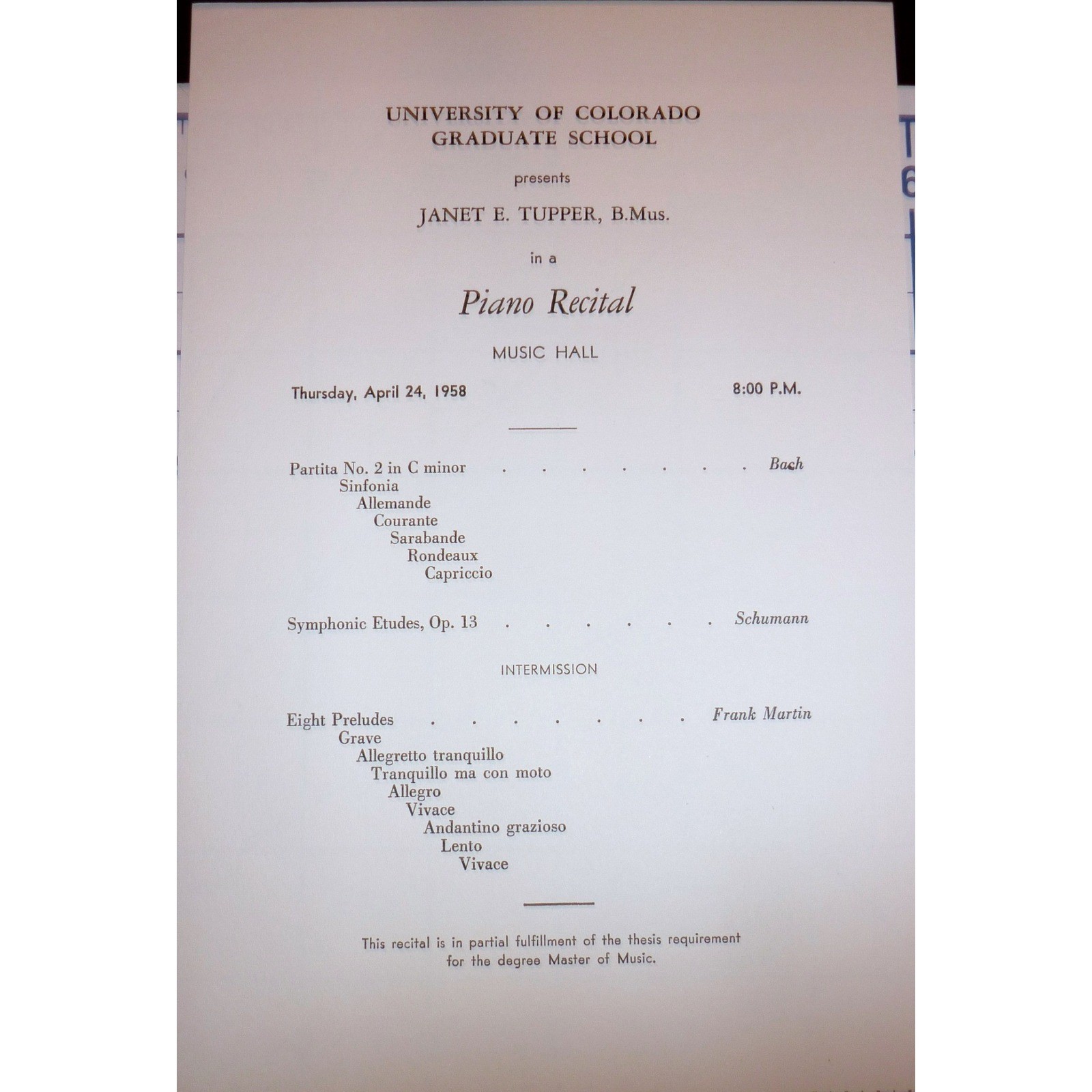 Vintage 1958 University of Colorado Piano Recital Program Janet E Tupper Bach Vintage 1958 University of Colorado Piano Recital Program Janet E Tupper Bach
