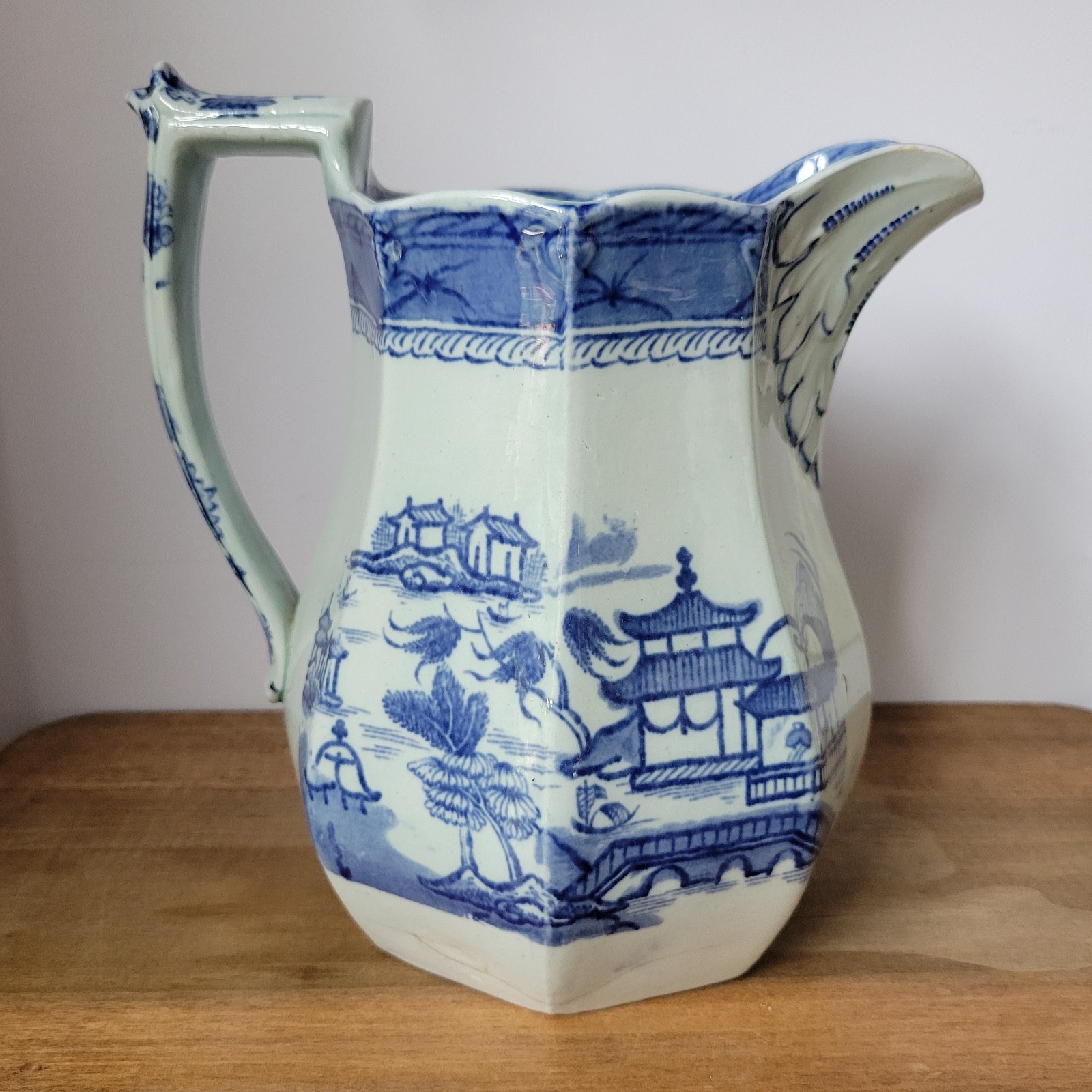 Antique Ridgway Blue Transferware Octagonal Pinch Handle Jug Pitcher Canton 8.5 Antique Ridgway Blue Transferware Octagonal Pinch Handle Jug Pitcher Canton 8.5