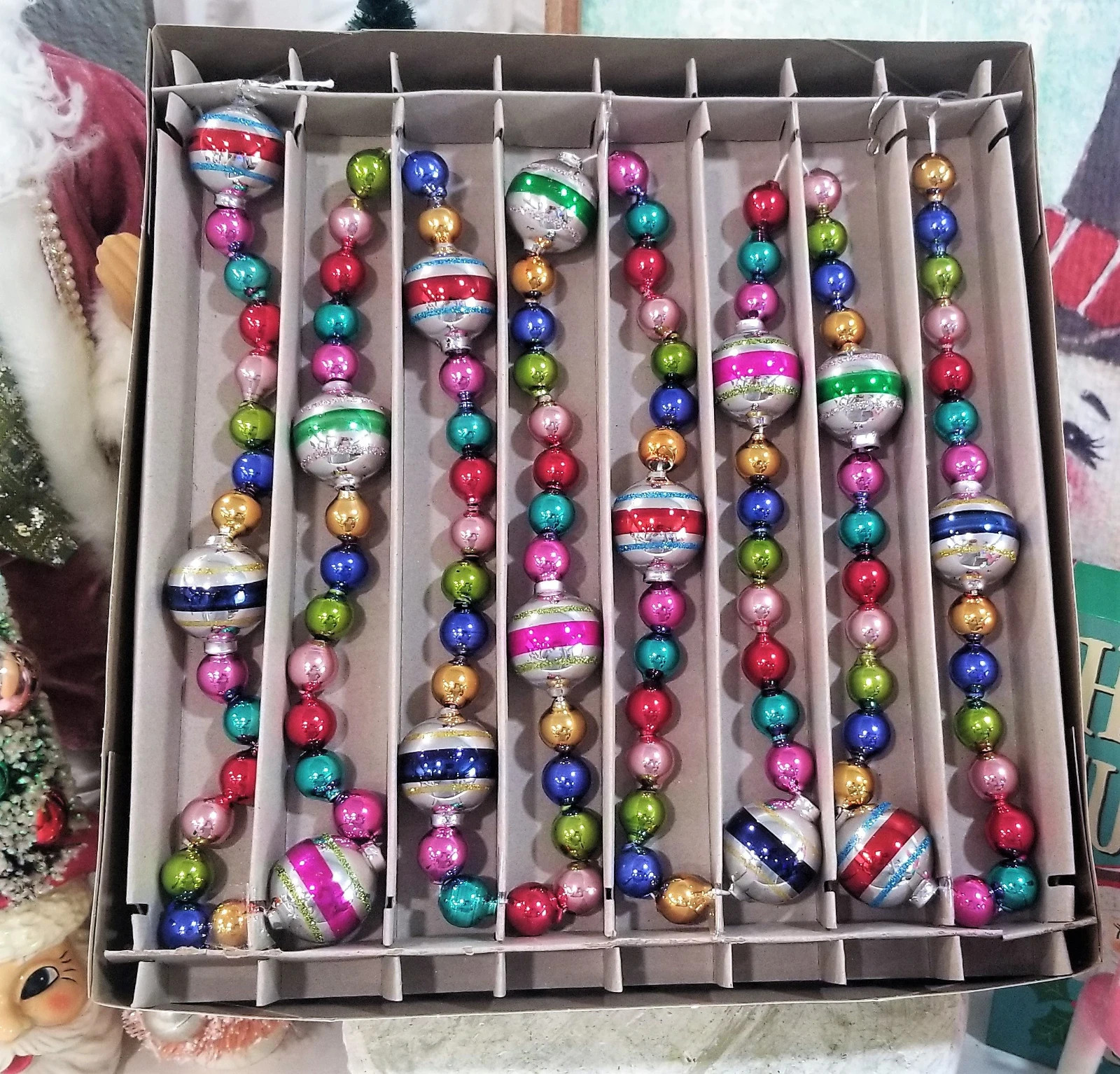 Shiny Brite 7 Ft Beaded Glass Christmas Garland Glitter Stripe