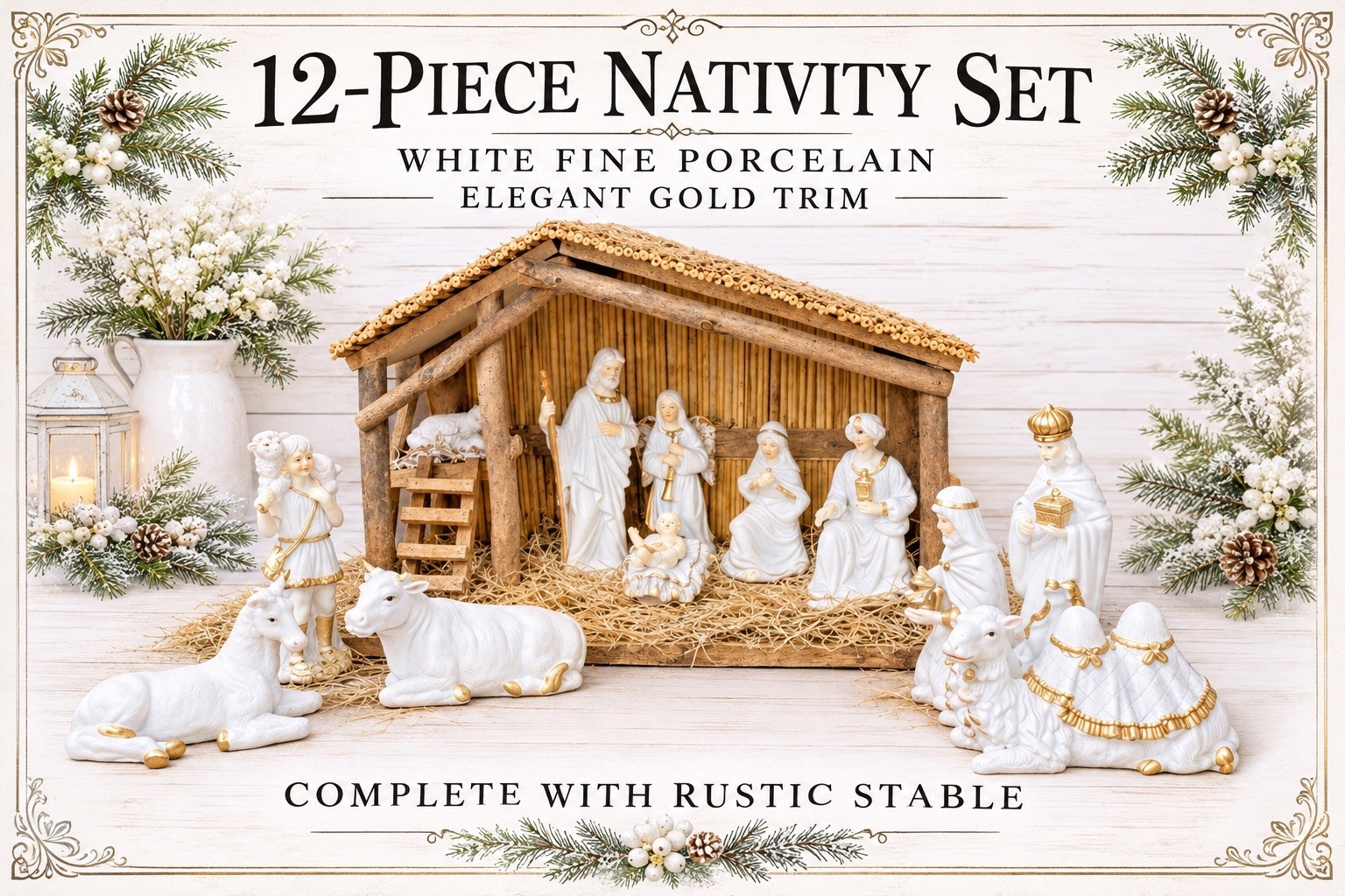 VTG (12) Piece Fine Porcelain Nativity Set White W/ Gold Trim & W/ Large Stable VTG (12) Piece Fine Porcelain Nativity Set White W/ Gold Trim & W/ Large Stable