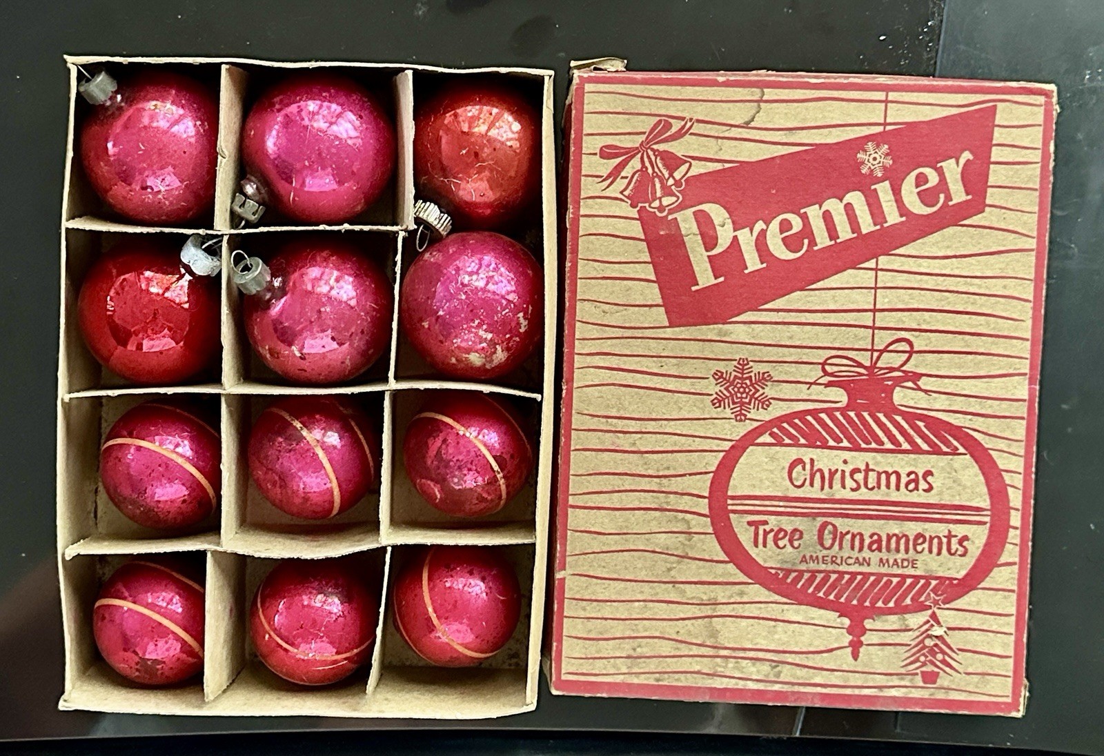 1940s WWII Premier Christmas Ornaments Gold Striped & Plain Red w/ Box Set of 12 1940s WWII Premier Christmas Ornaments Gold Striped & Plain Red w/ Box Set of 12