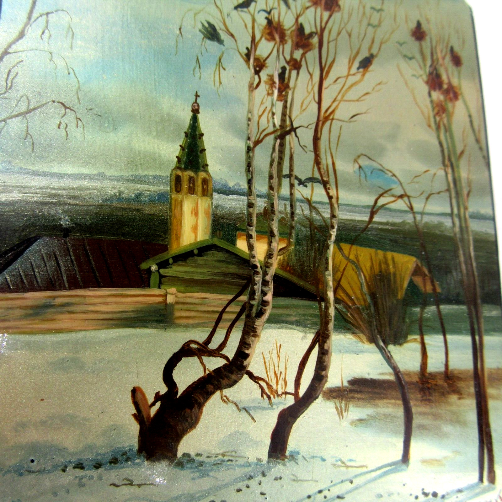 Vtg signed Russian Fedoskino Lacquar Box ROOKS HAVE ARRIVED winter opalescent Vtg signed Russian Fedoskino Lacquar Box ROOKS HAVE ARRIVED winter opalescent