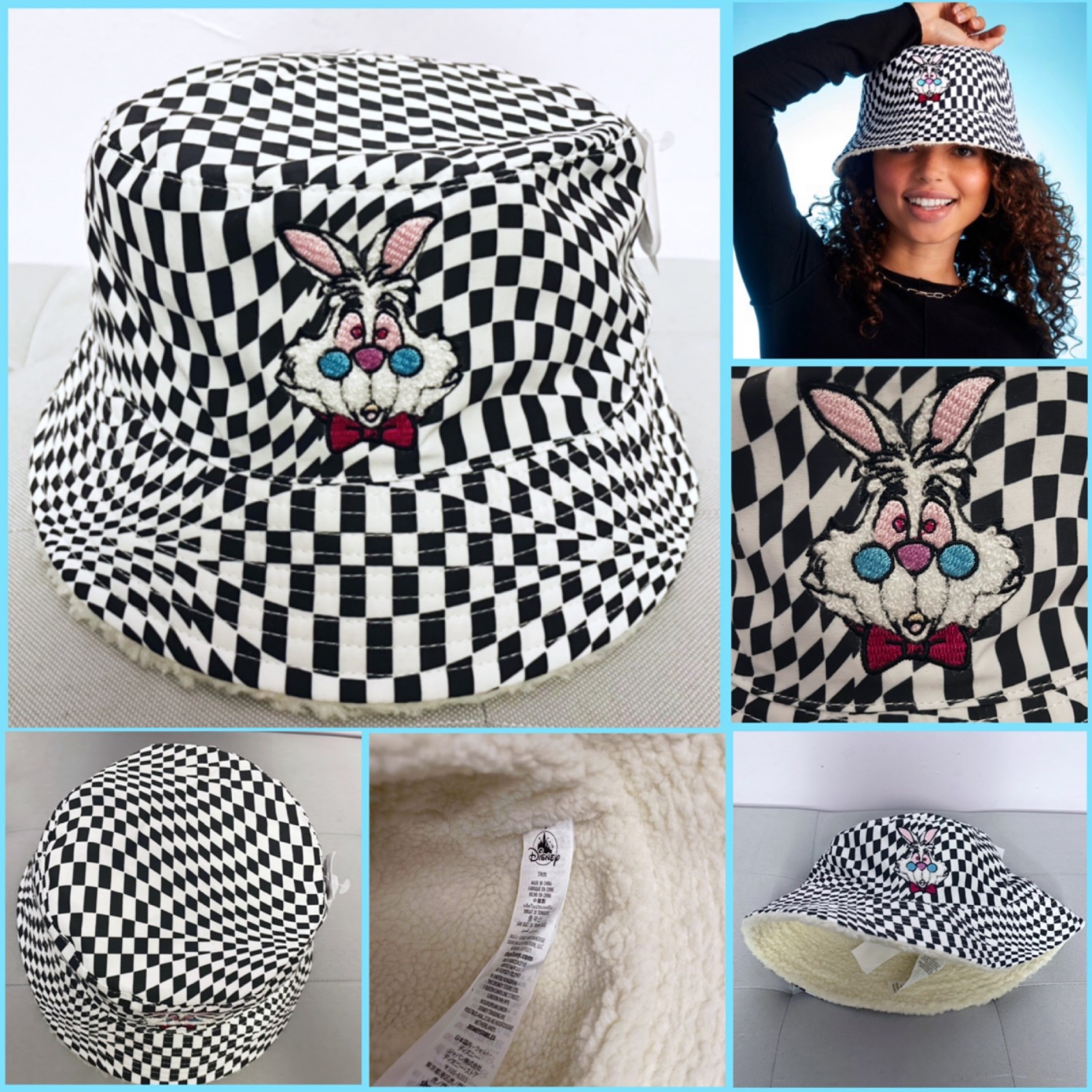 New Disney Parks Alice In Wonderland White Rabbit Checkered Bucket Hat NWT $35
