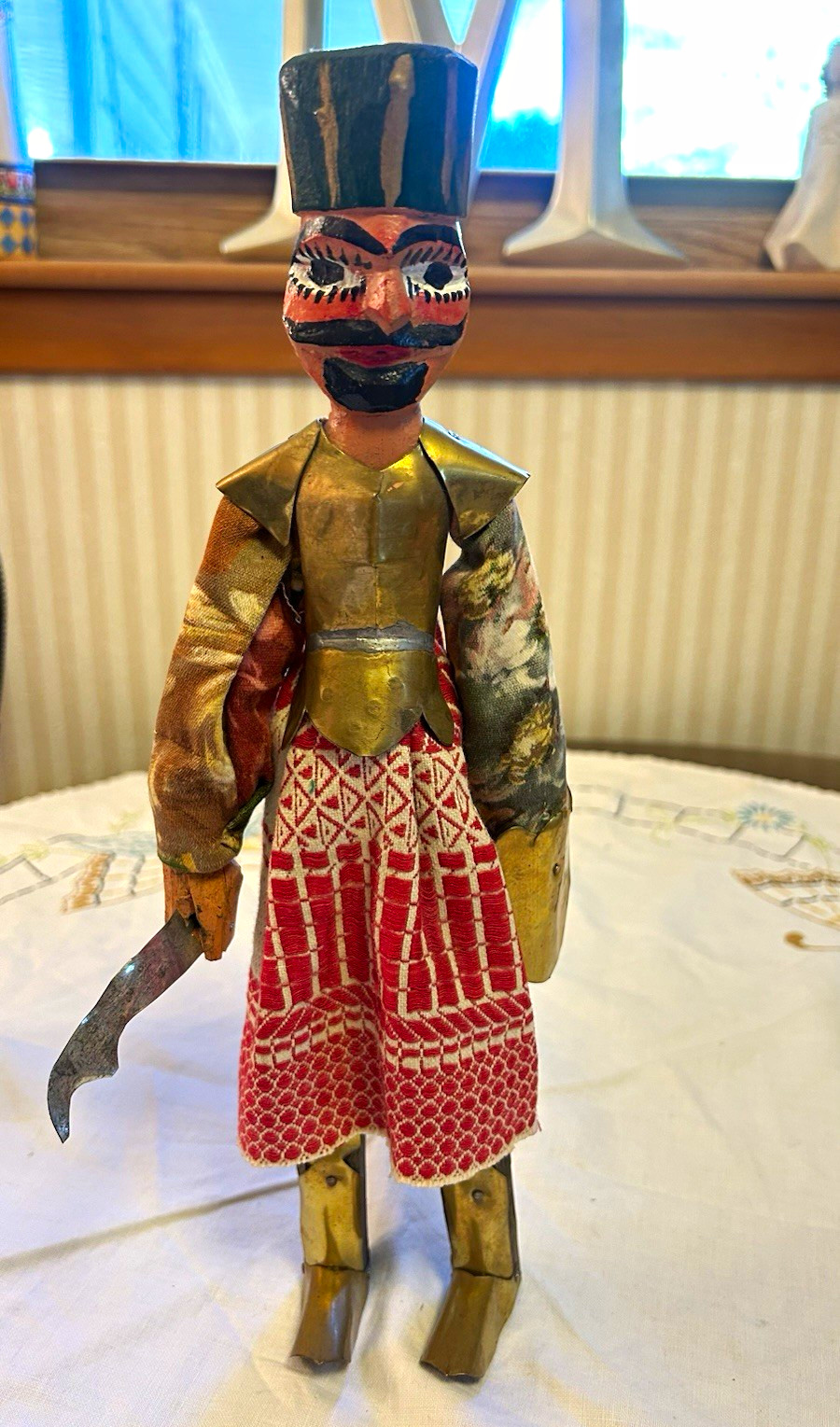 RARE Vintage Handmade Tunisian Warrior Puppet Doll WoodBrassMetalFabric 13” RARE Vintage Handmade Tunisian Warrior Puppet Doll WoodBrassMetalFabric 13”