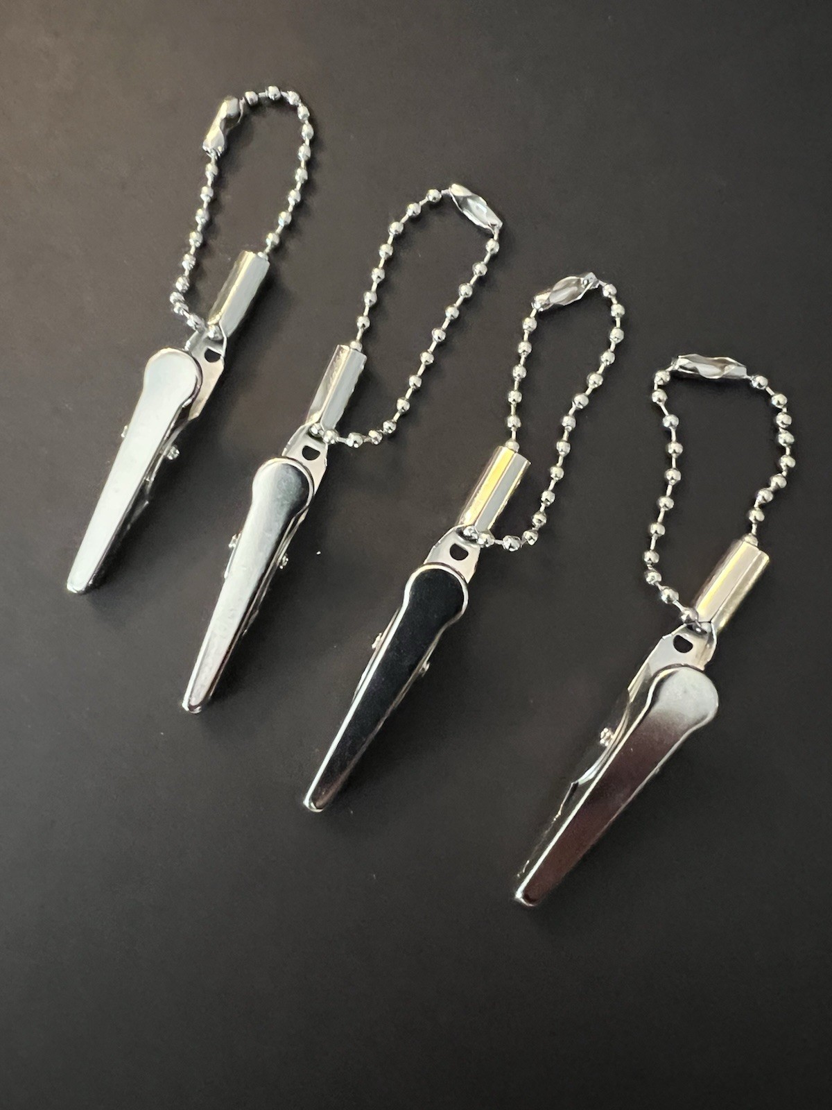 4 Metal Alligator Blount Roach Clips with attached snap Bead Silver Chain