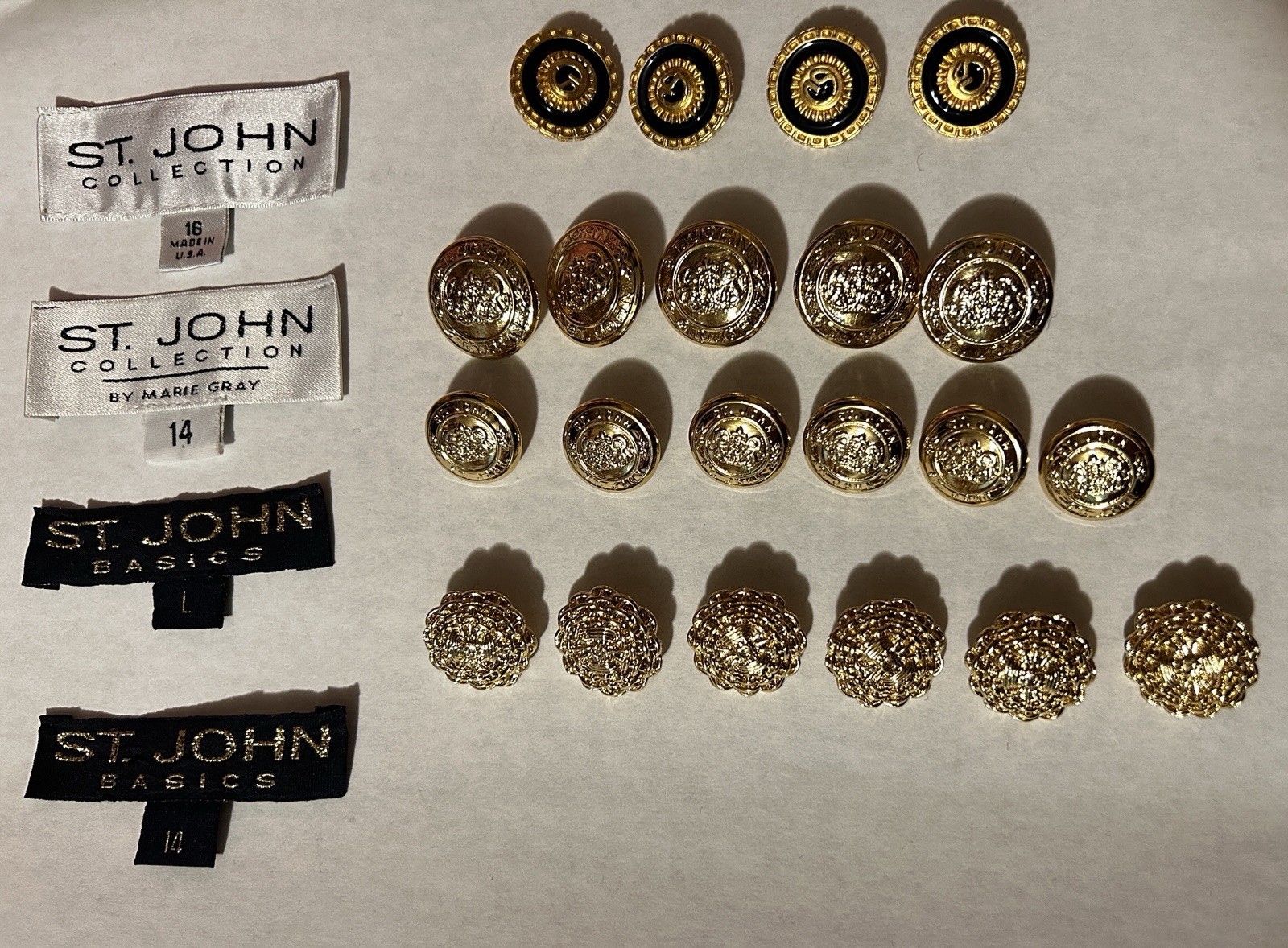 Set Of 20 Buttons ST John Black Enamel & Gold Tone Round & 4PC Fabric Tag VTG Set Of 20 Buttons ST John Black Enamel & Gold Tone Round & 4PC Fabric Tag VTG