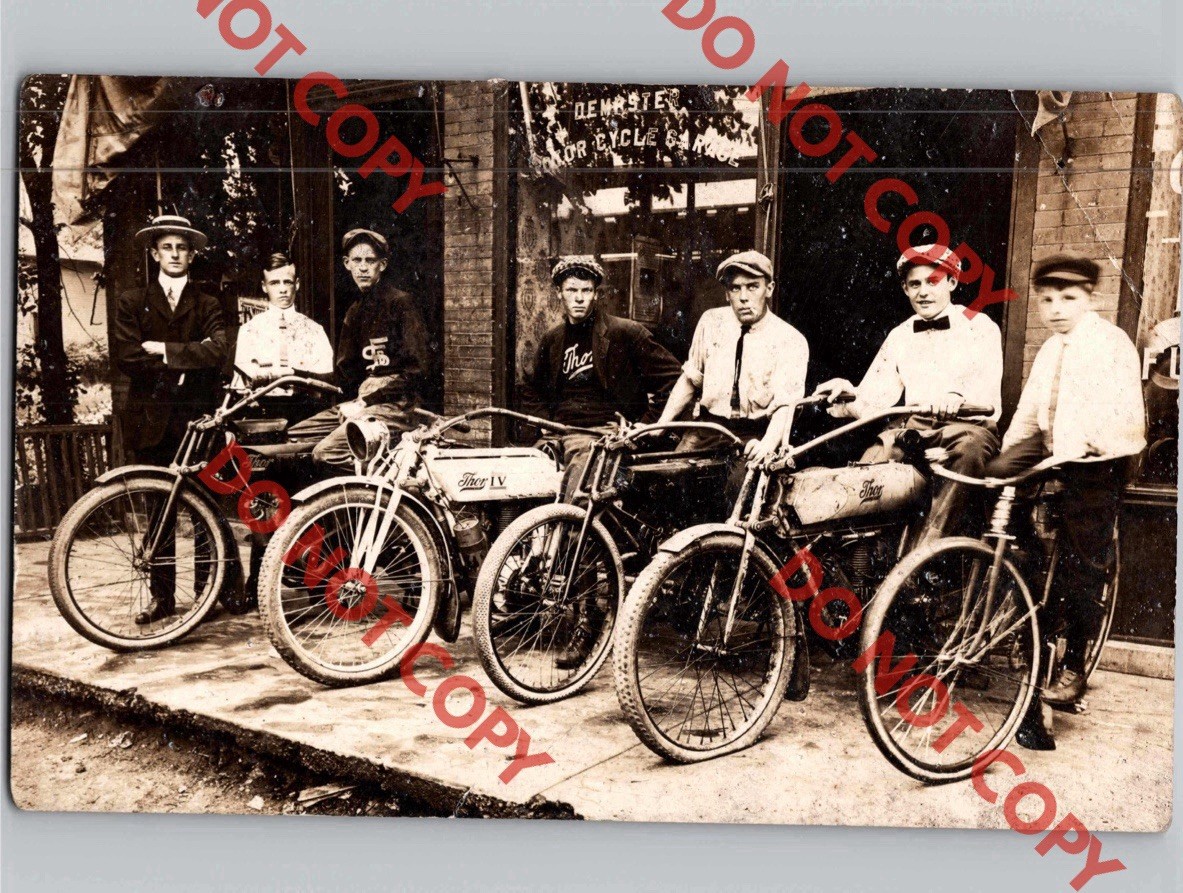 c1910 5 THOR Motorcycles IV DeMaster Motor Cycle Garage Bikes Driver RPPC Photo c1910 5 THOR Motorcycles IV DeMaster Motor Cycle Garage Bikes Driver RPPC Photo