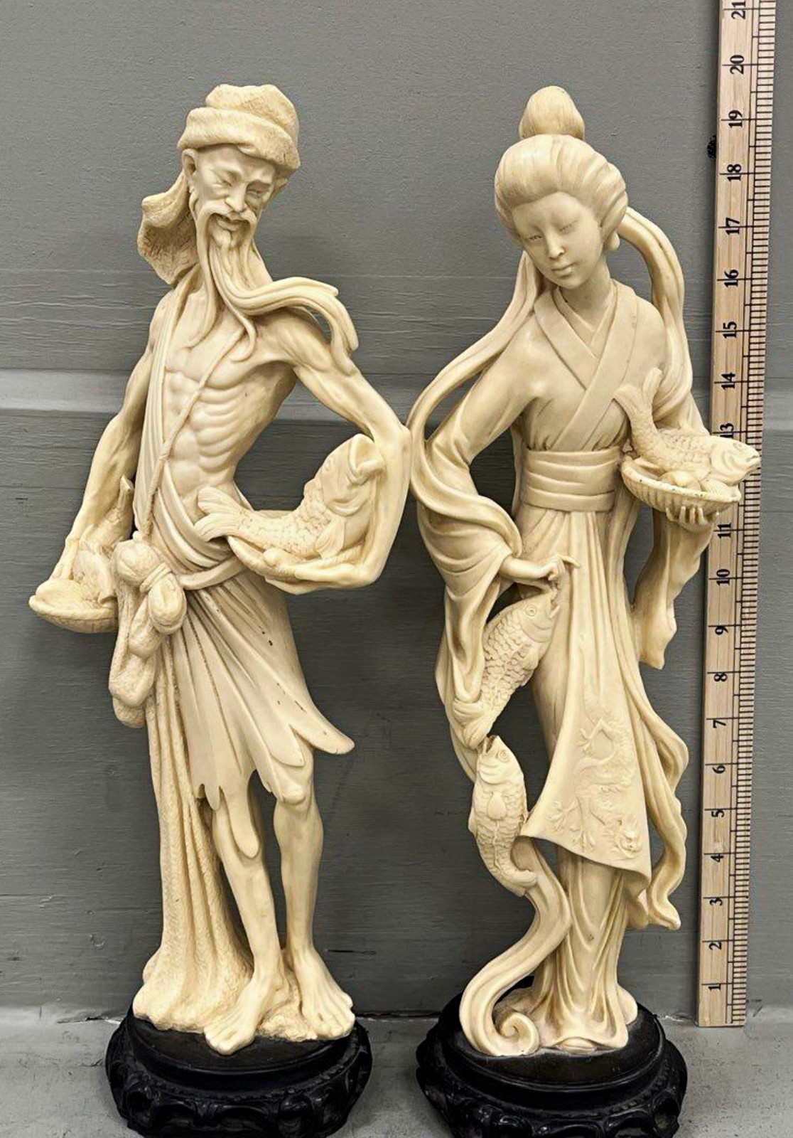 Chinese vintage intricately carved ,heavy & tall Figurines Pair 18in Ivory Tone Chinese vintage intricately carved ,heavy & tall Figurines Pair 18in Ivory Tone