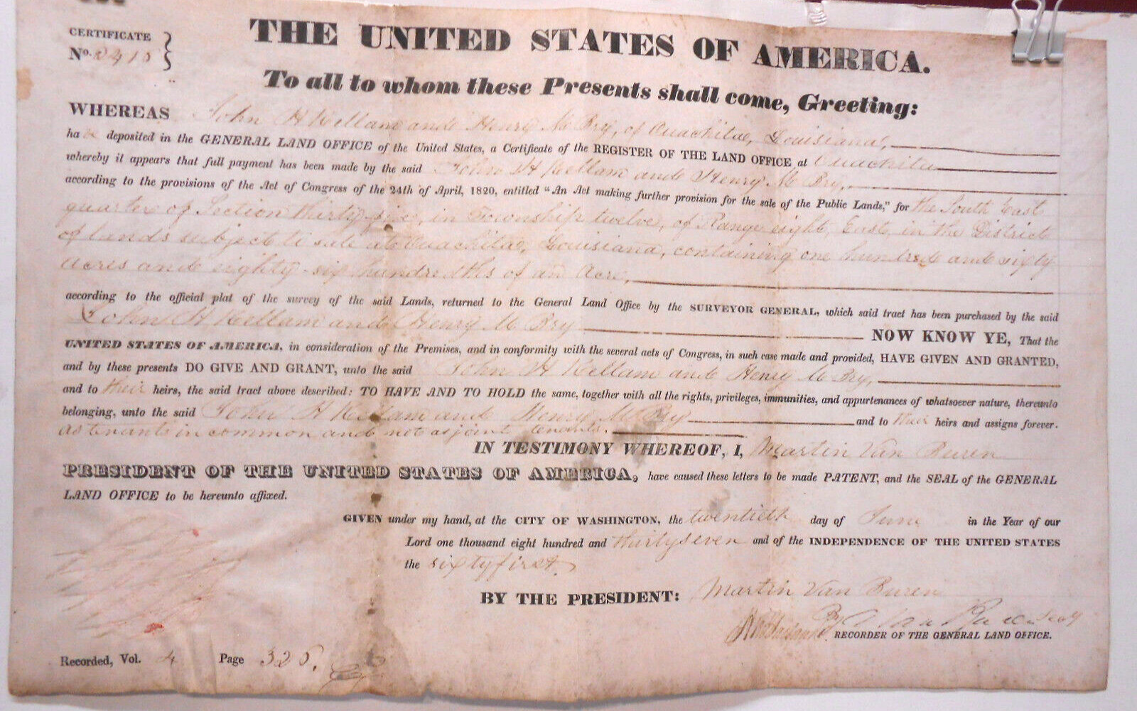 Original Sheepskin Document signed  Martin Van Buren 8th U.S. President 1837