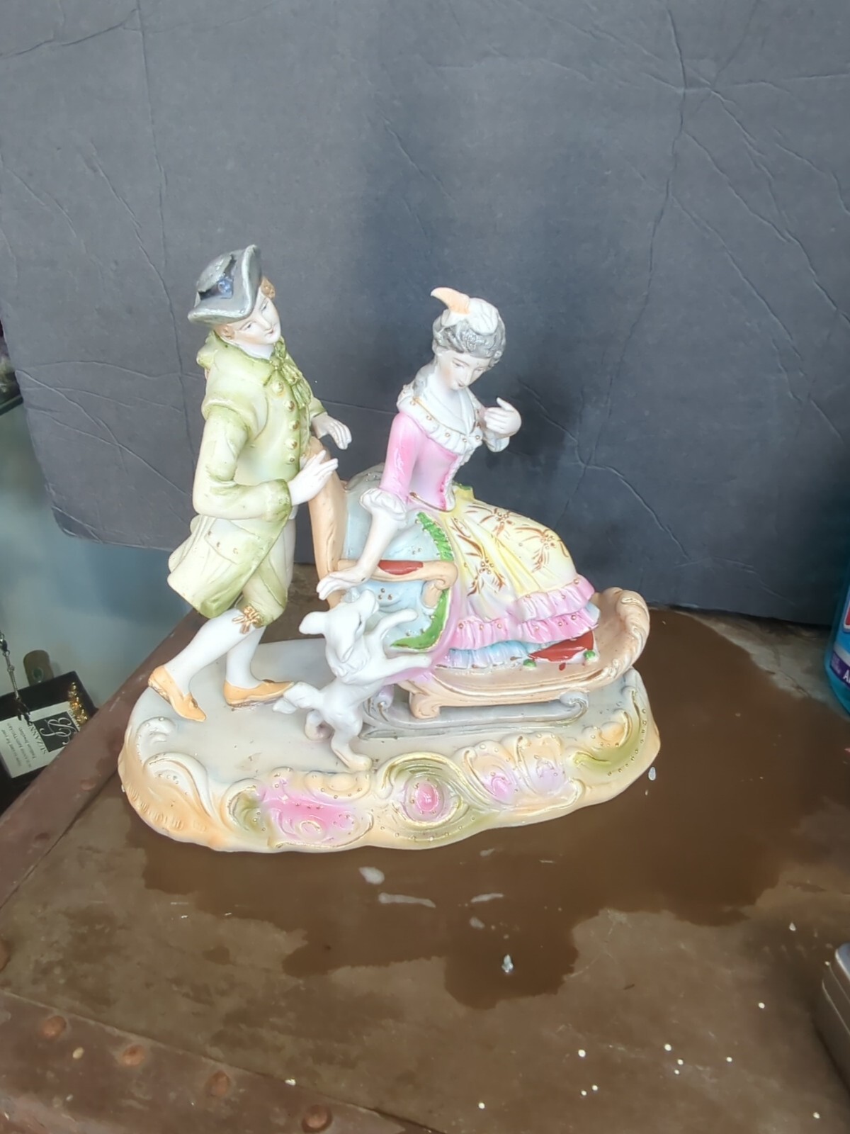 Antique Victorian Bisque Fancy lady man dog Figures Figurine German Statue Antique Victorian Bisque Fancy lady man dog Figures Figurine German Statue