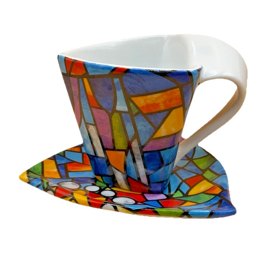 Barcelona Gaudi-Style 4oz Artistic Colorful Espresso Cup And Plate; Unique Barcelona Gaudi-Style 4oz Artistic Colorful Espresso Cup And Plate; Unique