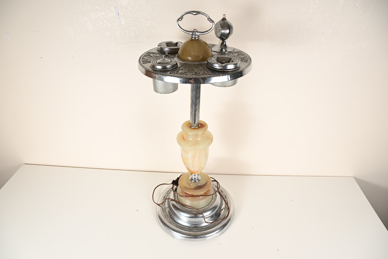 1930s 1940s Art Deco Smoking Stand Ashtray Slag Glass Lighted MICO Americana 1930s 1940s Art Deco Smoking Stand Ashtray Slag Glass Lighted MICO Americana