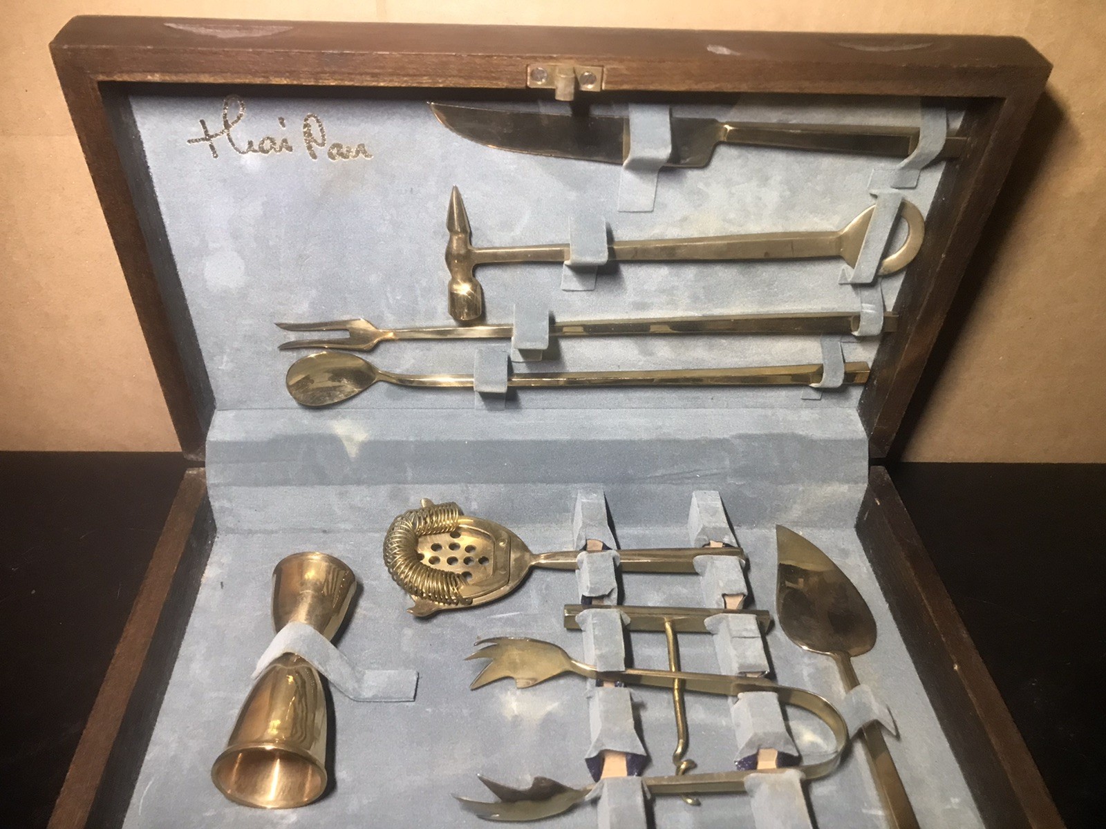 Vintage Thai Mid-Century Brass Bar Tools Cocktail Set 9 Piece Bartender Kit Case Vintage Thai Mid-Century Brass Bar Tools Cocktail Set 9 Piece Bartender Kit Case