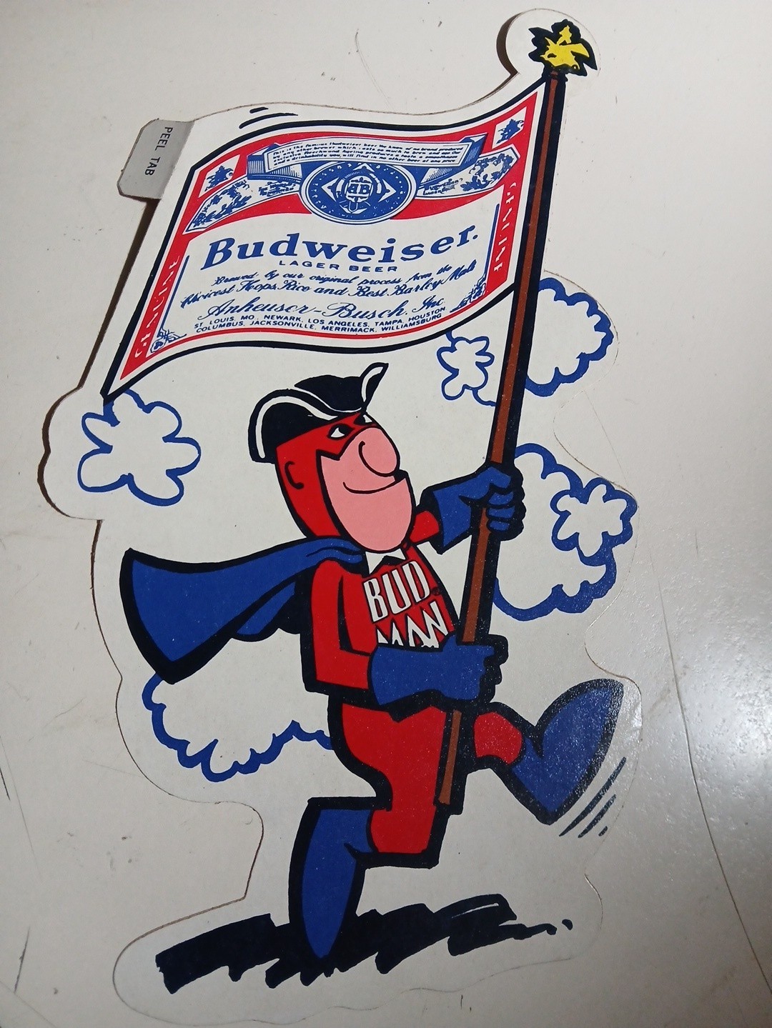 RARE VINTAGE ORIGINAL 1976 BUDWEISER BUD MAN DECAL STICKER SIGN WALKING MAN FLAG RARE VINTAGE ORIGINAL 1976 BUDWEISER BUD MAN DECAL STICKER SIGN WALKING MAN FLAG