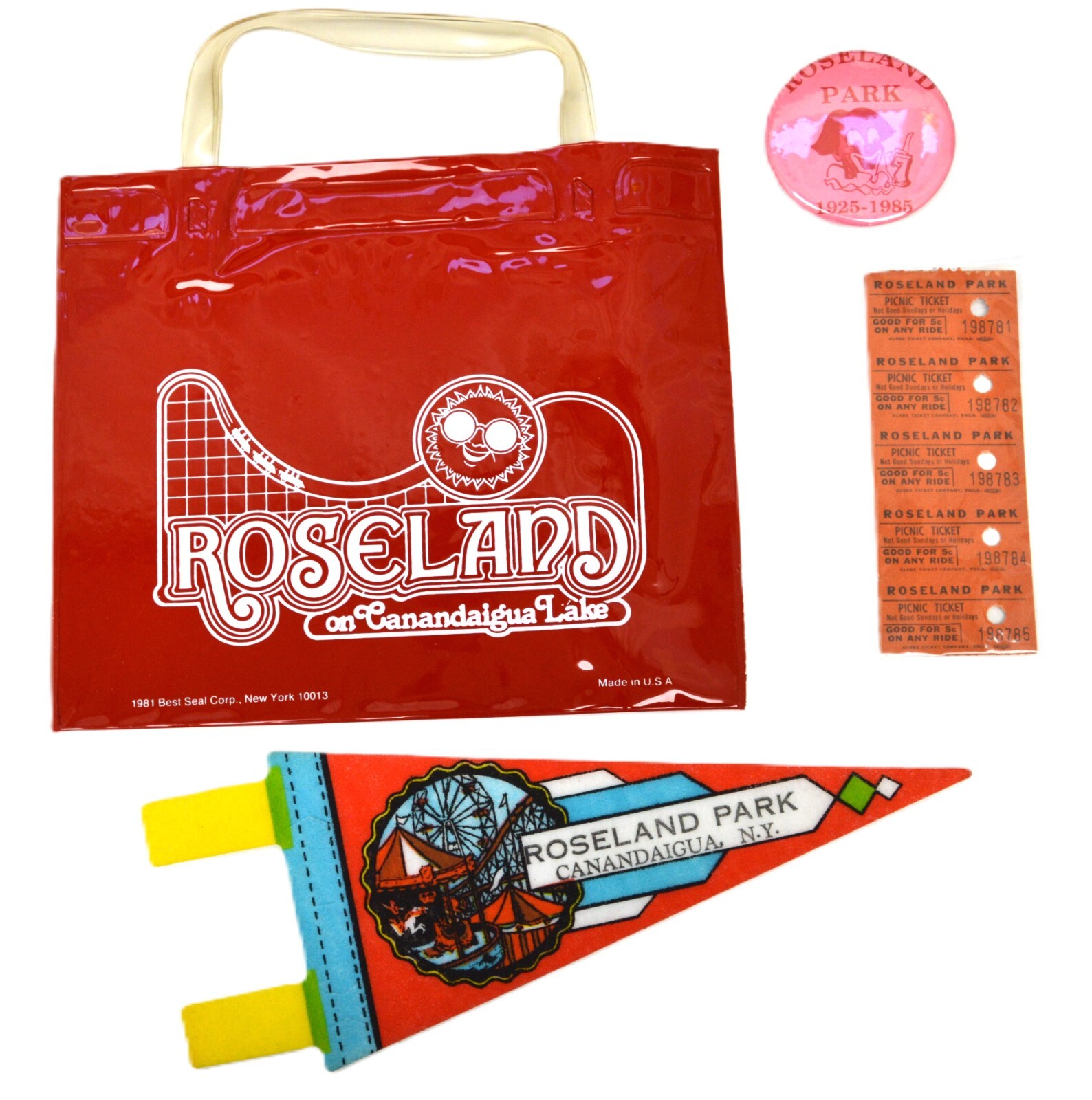 Vintage - Roseland Park - Canandaigua, NY - LOT - Pennant, Pin, Bag & Tickets Vintage - Roseland Park - Canandaigua, NY - LOT - Pennant, Pin, Bag & Tickets