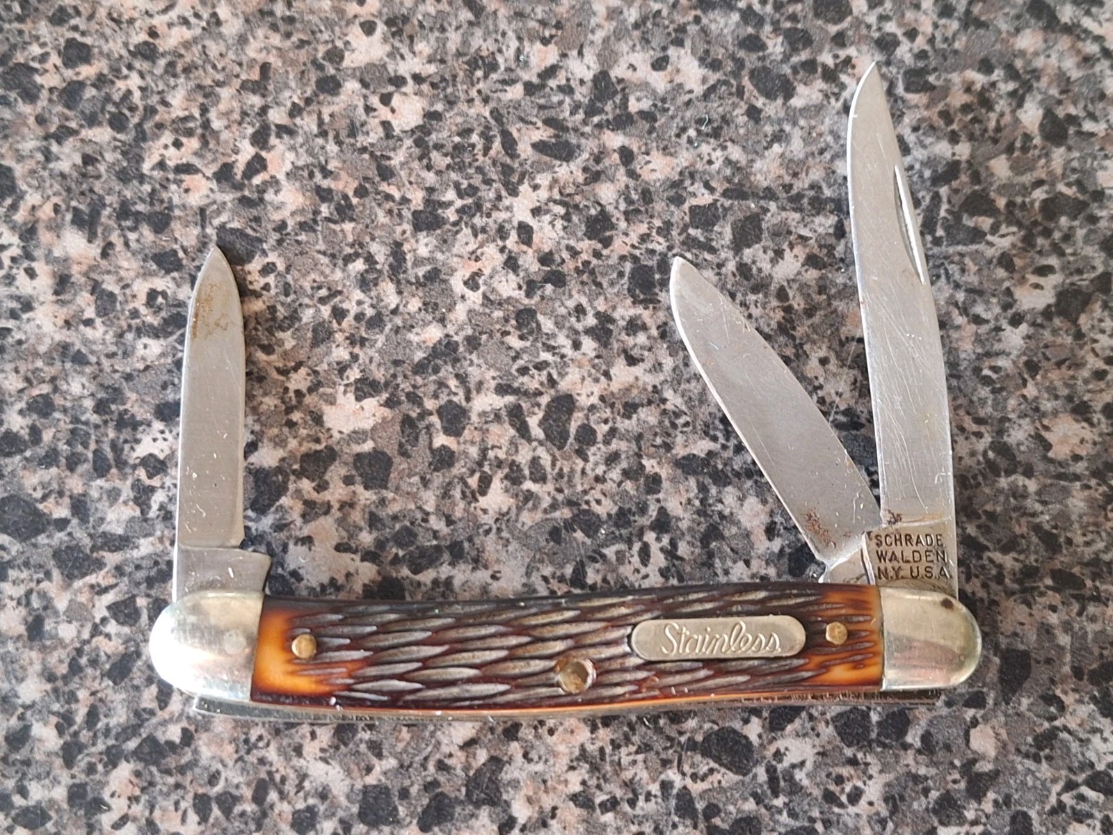 Knife Schrade Walden N.Y. USA 855 Stainless Stockman Folding Three 3 Blade Knife Schrade Walden N.Y. USA 855 Stainless Stockman Folding Three 3 Blade