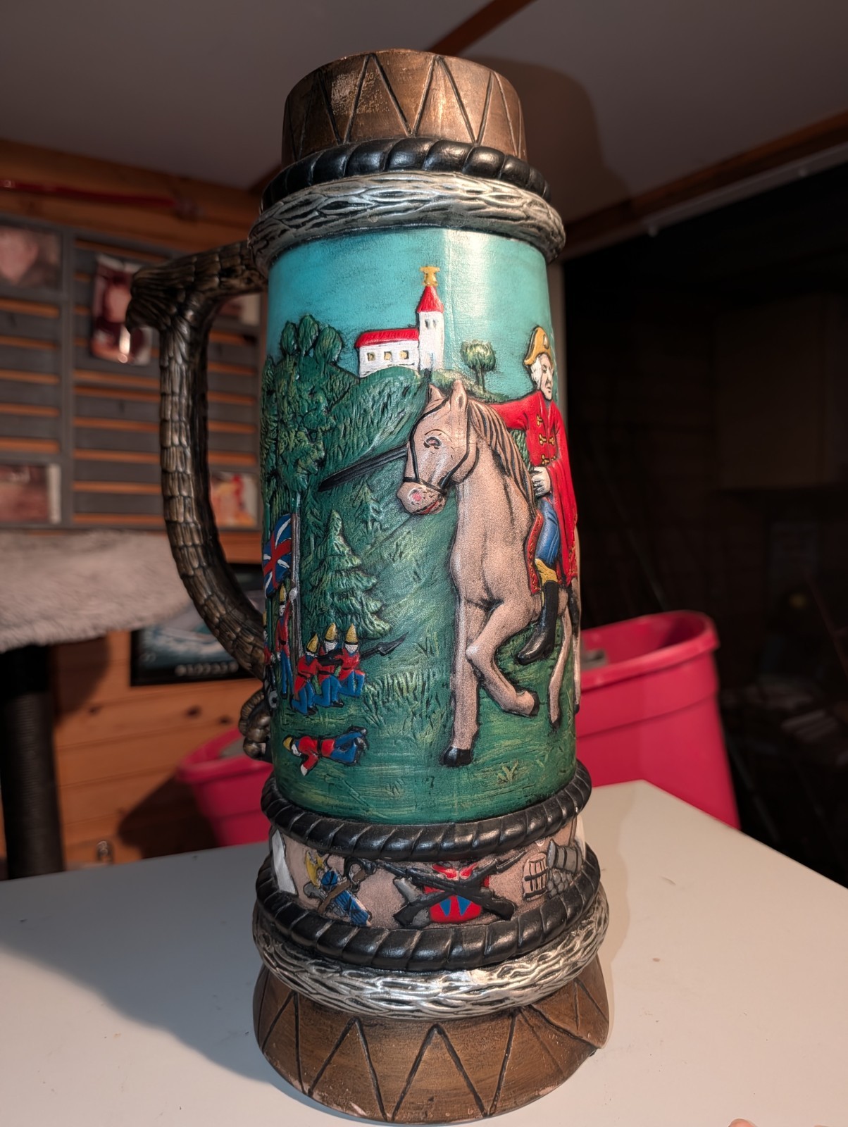 vintage hand-painted beer stein depicting scenes from the American Revolution vintage hand-painted beer stein depicting scenes from the American Revolution