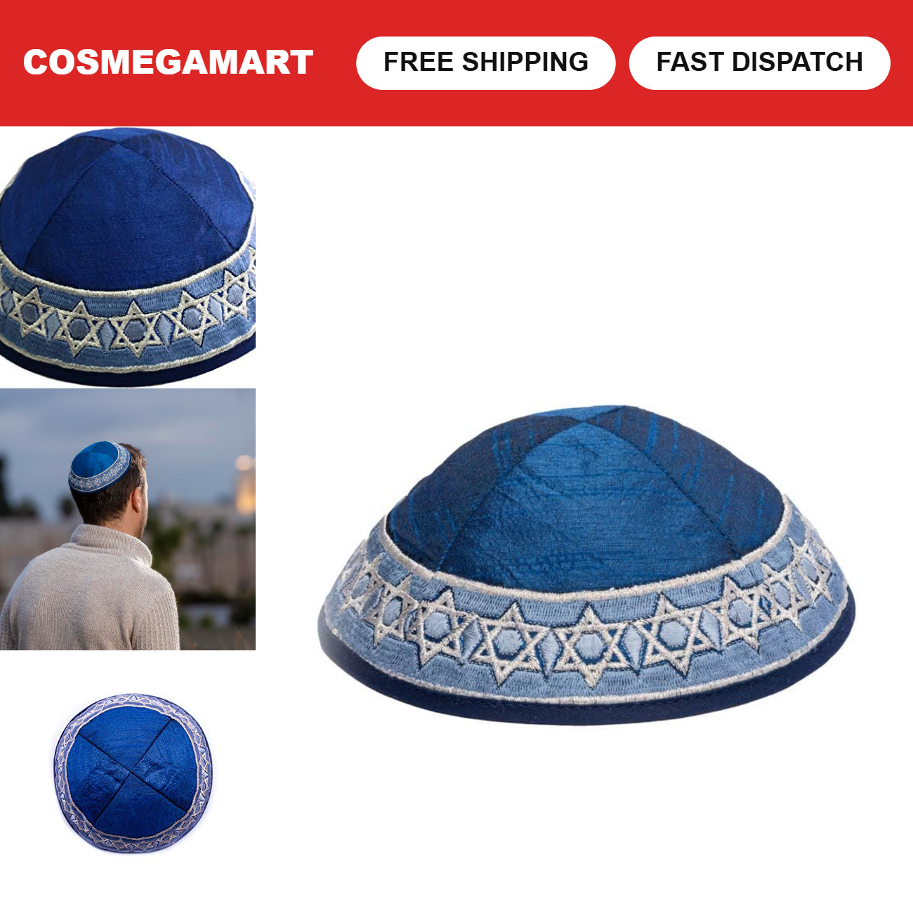 Embroidered Blue Magen David Star Kippah Yamaka - Jewish Prayer Cap, Size Medium
