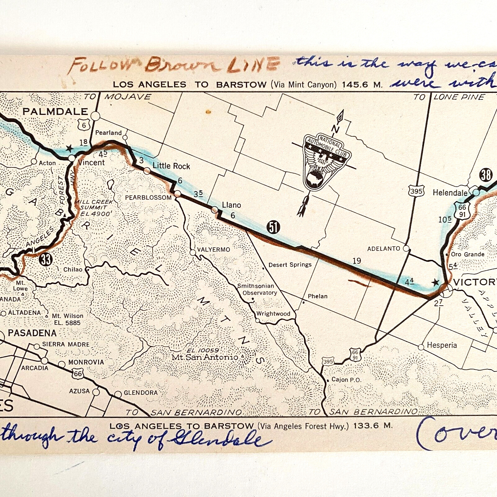 c1950s National Automobile Club Los Angeles to Barstow Written Directions Card