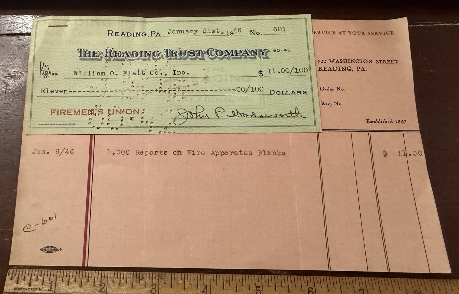 1946 FIREMEN\'S UNION CHECK,READING PA &  Billhead William O.Flatt Printers
