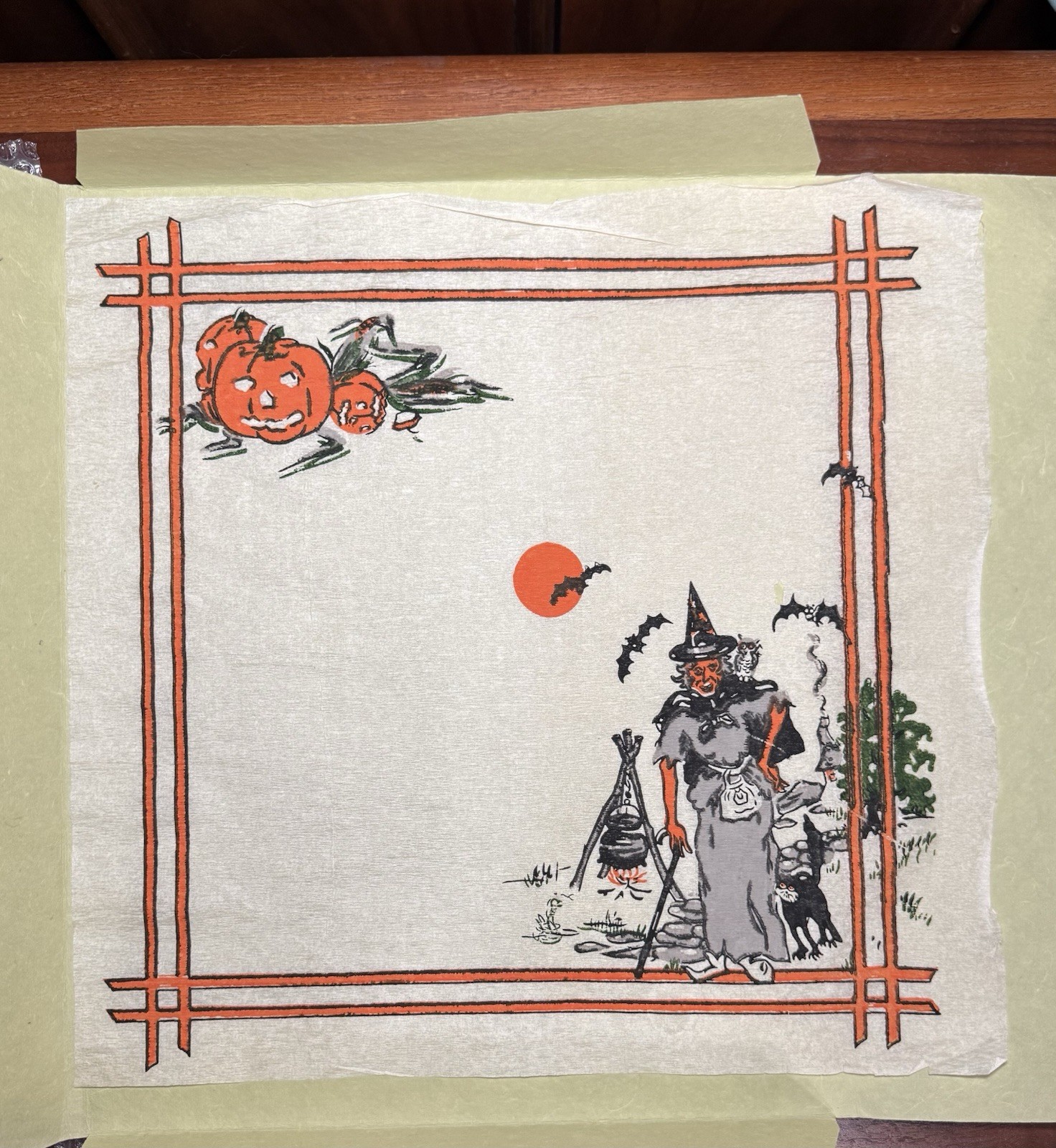Antique 20s 30s Halloween Unfolded Crepe Paper Napkin Witch House Bat Pumpkin