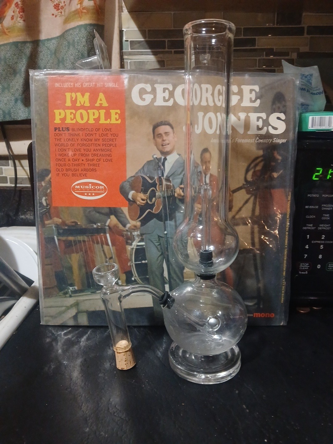 Vintage 13 inch glass bong thumb carb on side Vintage 13 inch glass bong thumb carb on side