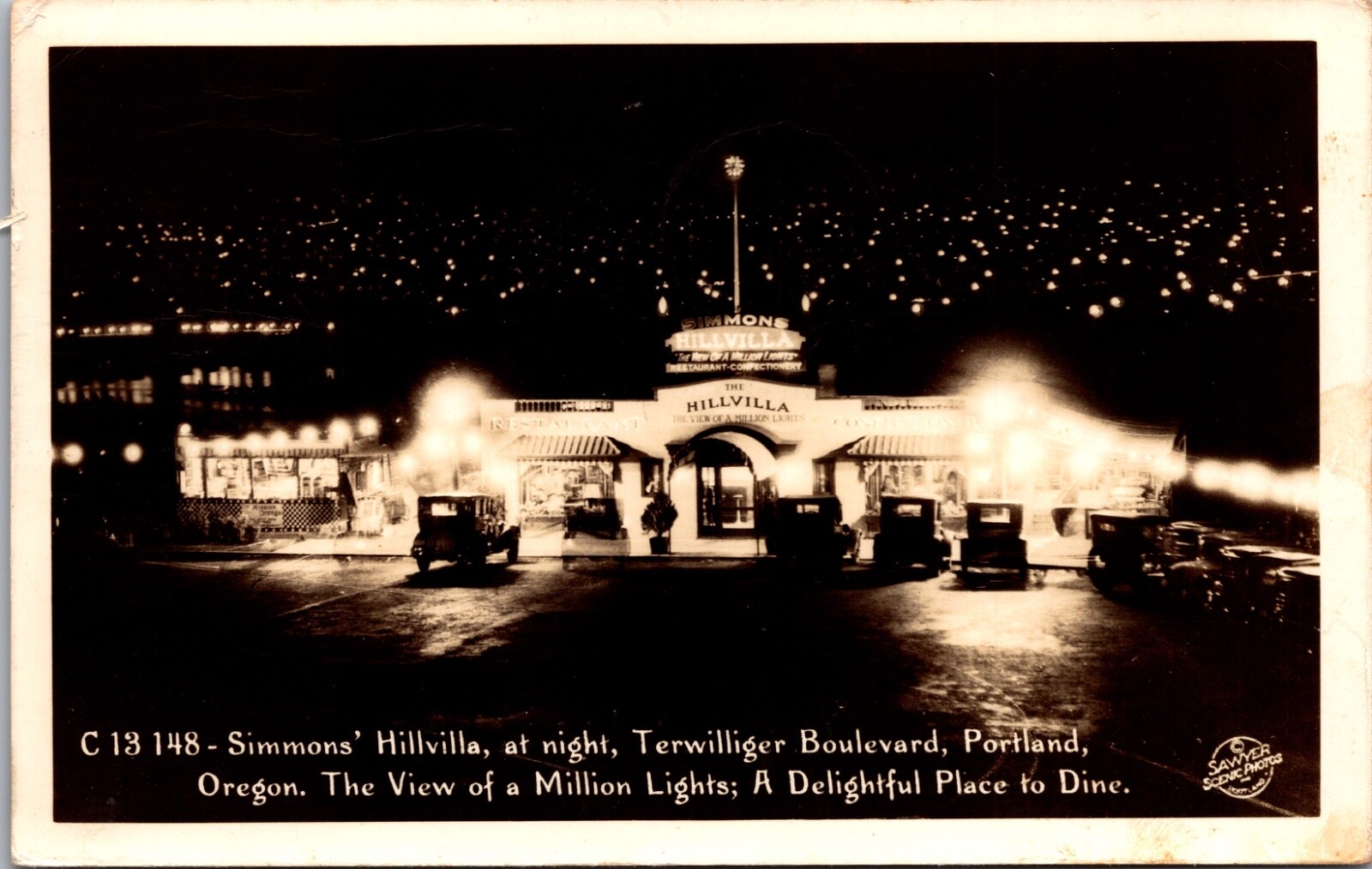 RPPC Simmons\' Hillvilla Restaurant at Night Terwilliger Blvd Portland, Oregon RPPC Simmons\' Hillvilla Restaurant at Night Terwilliger Blvd Portland, Oregon
