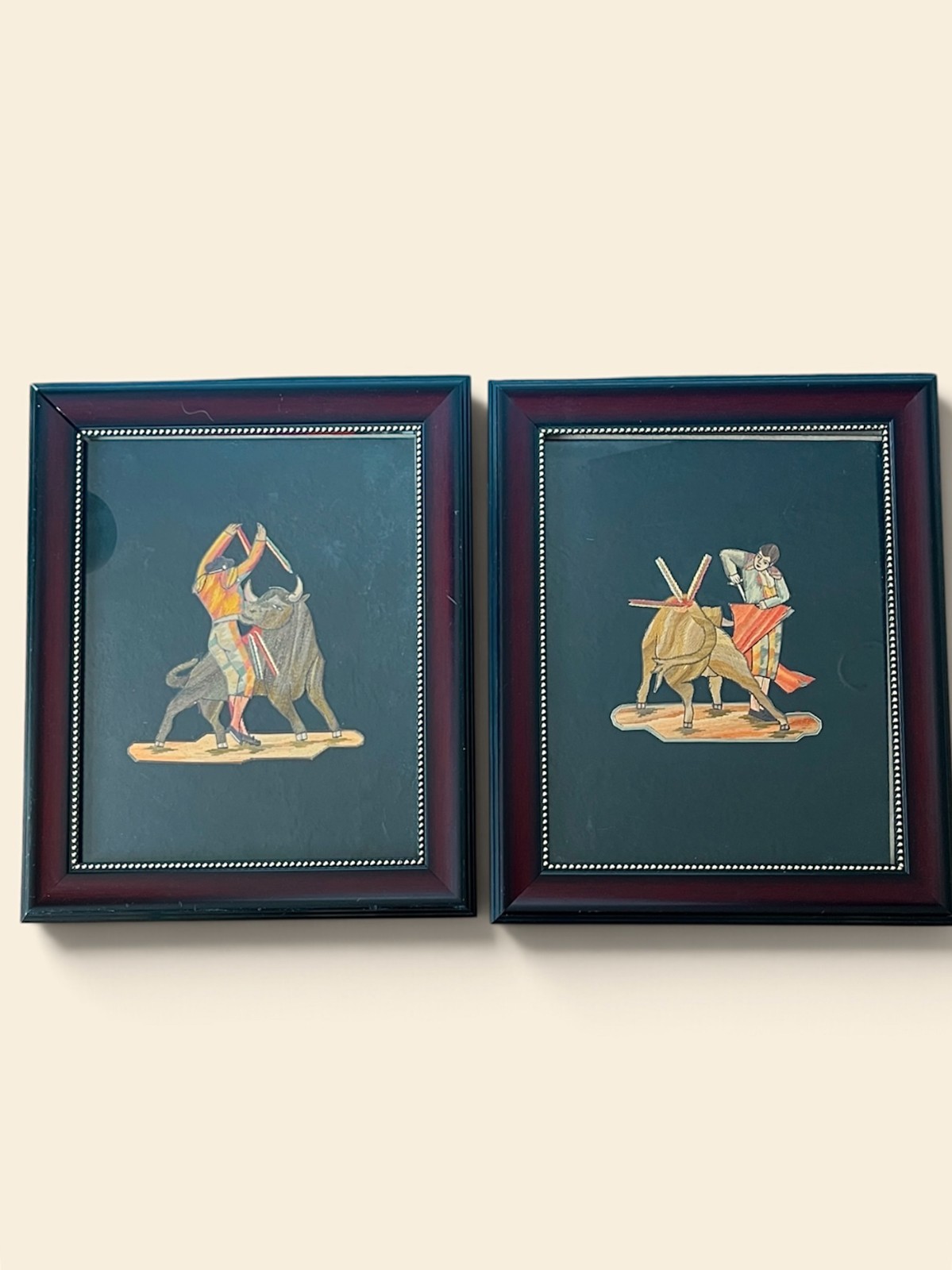 x2 Vintage Framed Mis Century Spanish Bullfighting Wood Mosaic Mexican Straw Art