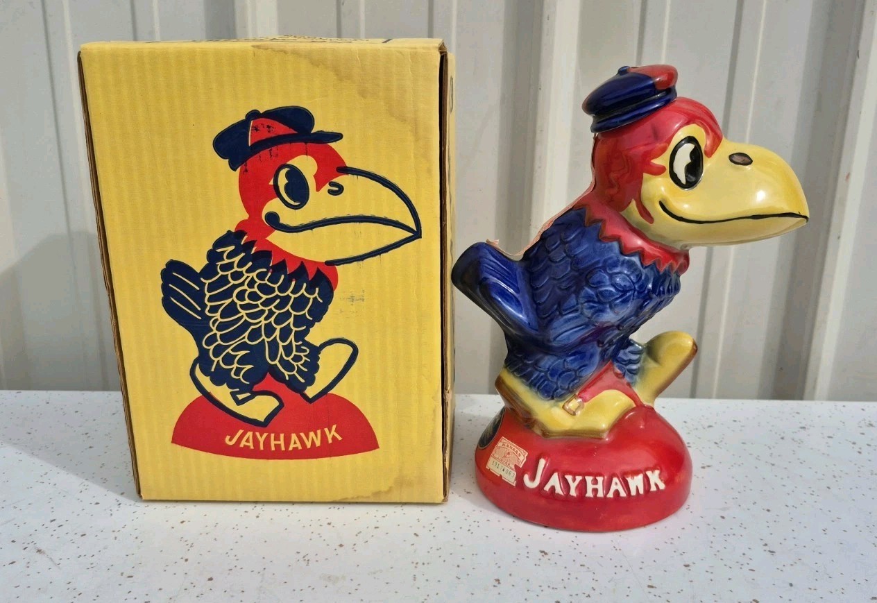 Vintage 1971 KU Kansas Jayhawks Decanter Colonial China Ceramic W/ Box