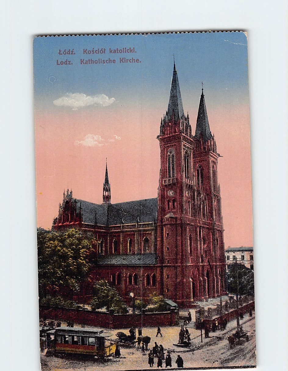 Postcard Lodz Poland Kosciol Katolicki Catholic Church Streetcar Tram View