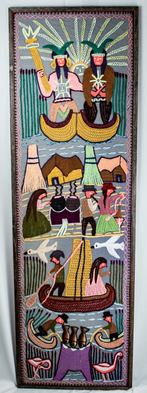VINTAGE Handmade Peru Arpillera Fisherman Family Embroidere Art Size 62\