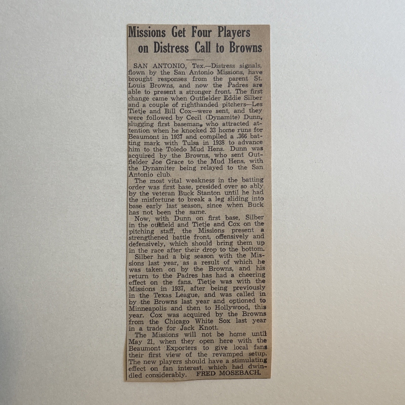 Les Tietje Bill Cox San Antonio Missions 1939 Sporting News Baseball 2X6 Panel Les Tietje Bill Cox San Antonio Missions 1939 Sporting News Baseball 2X6 Panel
