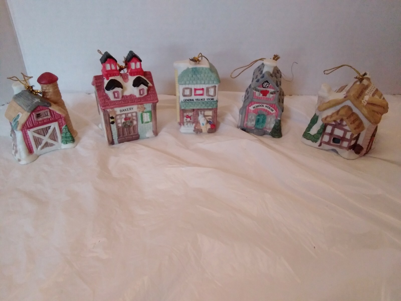 Christmas Village Snowy House General Store Bakery Barn & School House Lot of 5 Christmas Village Snowy House General Store Bakery Barn & School House Lot of 5
