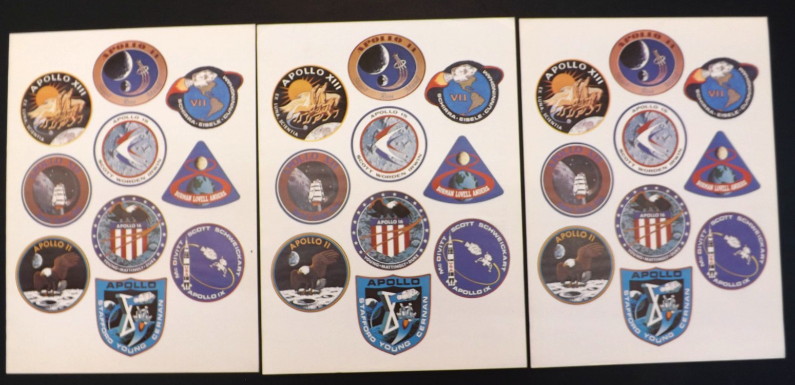 VINTAGE 1972 NASA APOLLO PATCH DECAL LOT - 3 SHEETS 7 8 9 10 11 12 13 14 15 16