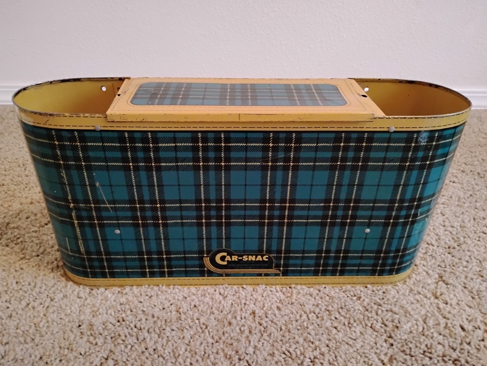 VTG 1950s Blue Plaid Car-Snac Metal Travel Thermos Lunch Set HOLDER ONLY