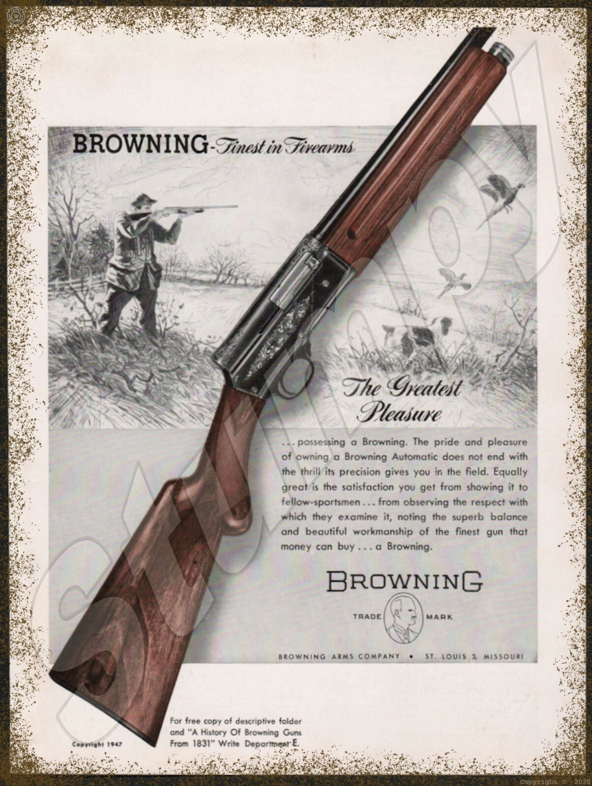 Browning Finest in Firearms AD Metal Sign 9\ Browning Finest in Firearms AD Metal Sign 9\