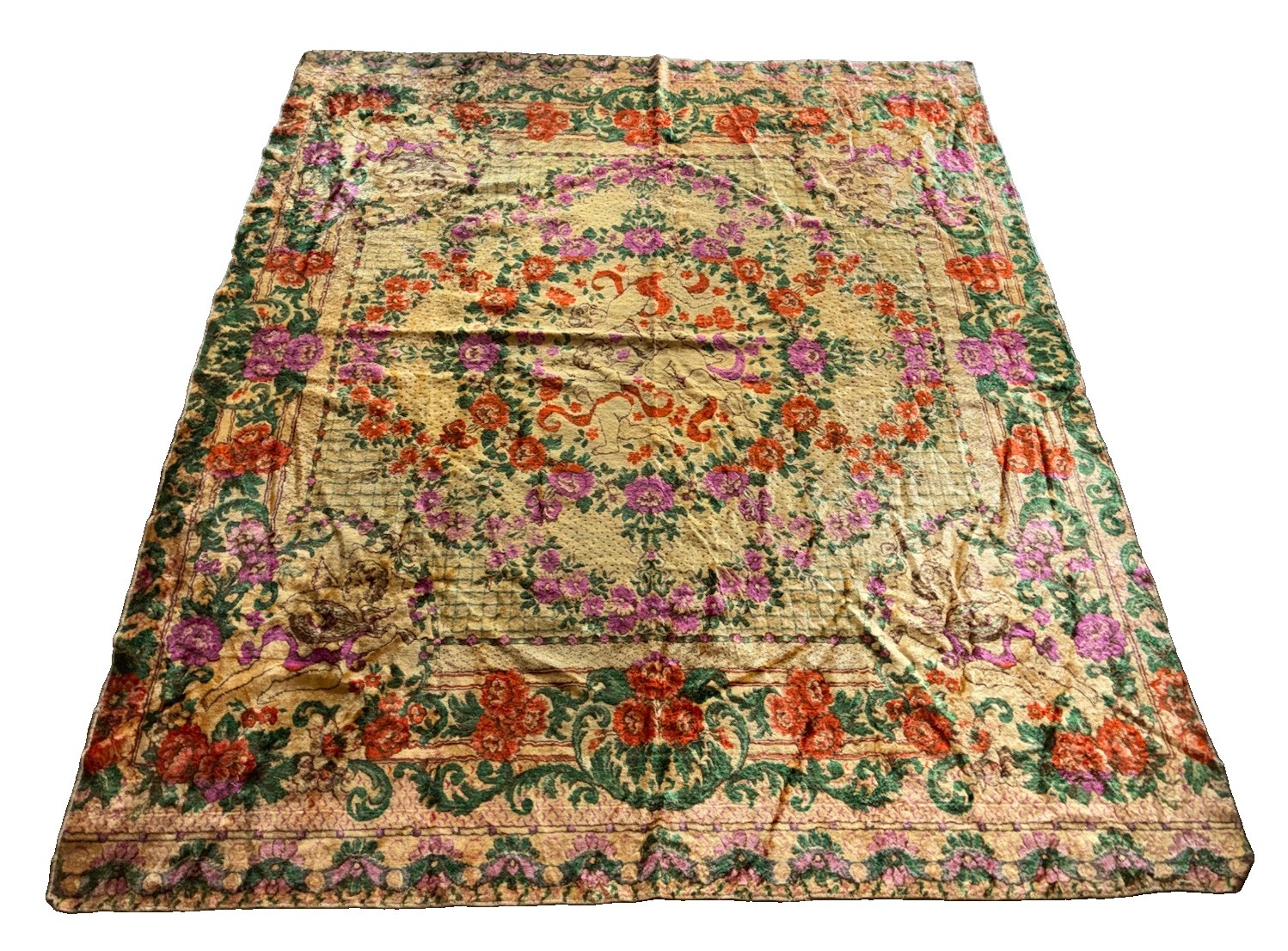 Vintage Italian Floral Cherub Bedspread Wall Tapestry Velvet 84x76” *hole, flaw Vintage Italian Floral Cherub Bedspread Wall Tapestry Velvet 84x76” *hole, flaw