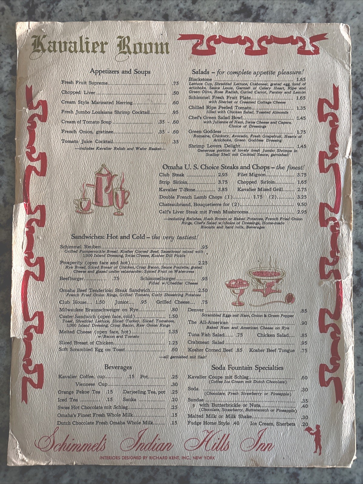Vintage 1960s KAVALIER ROOM Menu Schimmel’s Indian Hills Inn Omaha NE Steak Chop Vintage 1960s KAVALIER ROOM Menu Schimmel’s Indian Hills Inn Omaha NE Steak Chop